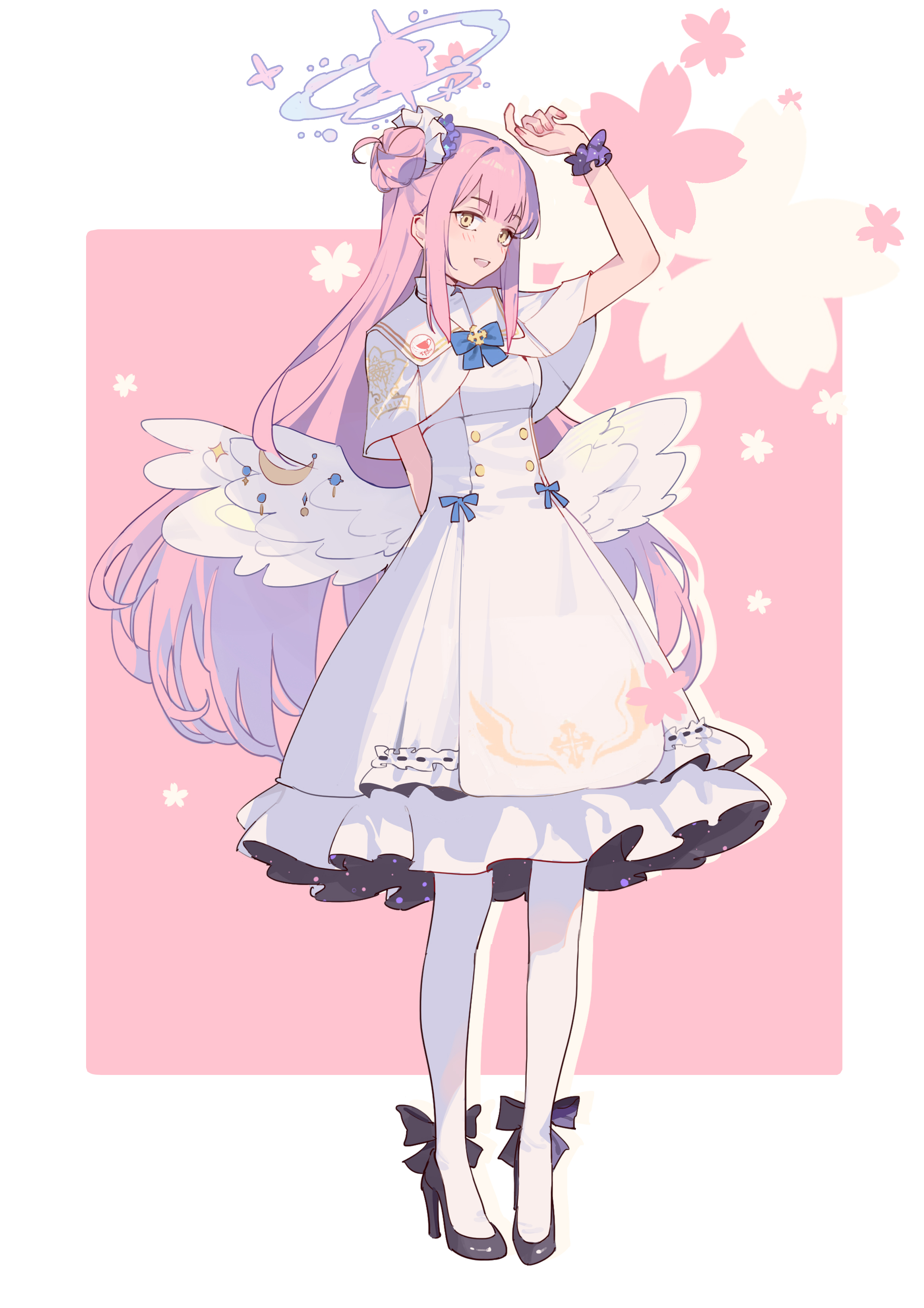 bilibalakonglijiwa, mika (blue archive), blue archive, absurdres, highres, 1girl, angel wings, arm behind back, arm up, blue bow, blush, bow, breasts, buttons, double-breasted, dress, feathered wings, flower, full body, gold trim, hair bun, hair flower, hair ornament, high heels, long hair, looking at viewer, low wings, medium breasts, open mouth, pantyhose, pumps, scrunchie, single hair bun, single side bun, smile, solo, very long hair, white dress, white pantyhose, white wings, wings, wrist scrunchie