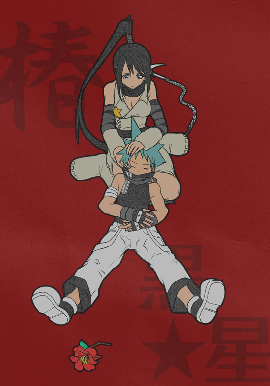 oyuyamio, black star, nakatsukasa tsubaki, soul eater, 00s, bandages, black hair, blue eyes, blue hair, boots, couple, dress, flower, gloves, lap pillow, long hair, ponytail, short hair, sleeping, weapon