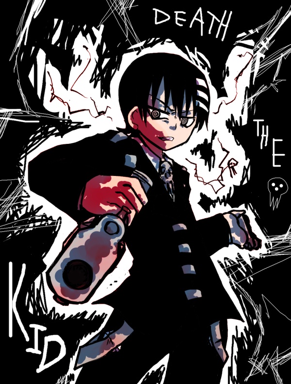 death the kid, soul eater, 00s, 1boy, blood, blood on face, cowboy shot, english text, formal clothes, looking at viewer, male focus, monochrome, pants, solo, spot color, standing, suit, text focus