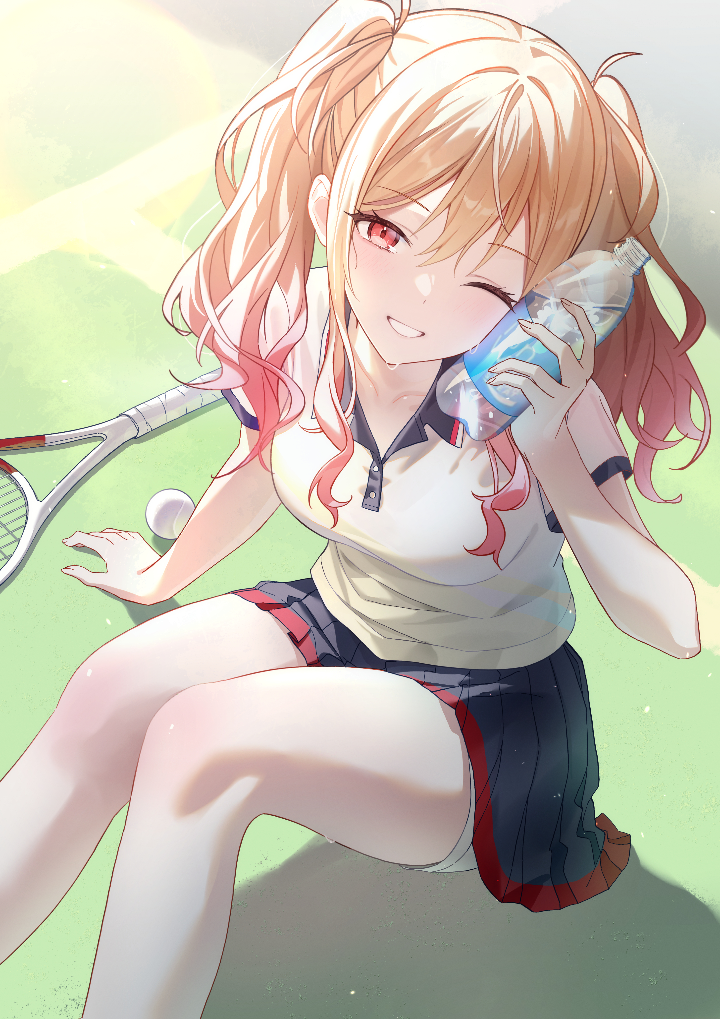 timmoo, tenma saki, project sekai, absurdres, commentary, highres, symbol-only commentary, 1girl, ball, bike shorts under skirt, black skirt, blonde hair, bottle, breasts, buttons, collarbone, cowboy shot, curly hair, gradient hair, holding, holding bottle, looking at viewer, medium breasts, multicolored hair, one eye closed, pink hair, racket, red eyes, shirt, short sleeves, sitting, skirt, smile, solo, sportswear, tennis ball, tennis racket, tennis uniform, thighs, twintails, water bottle, yellow shirt
