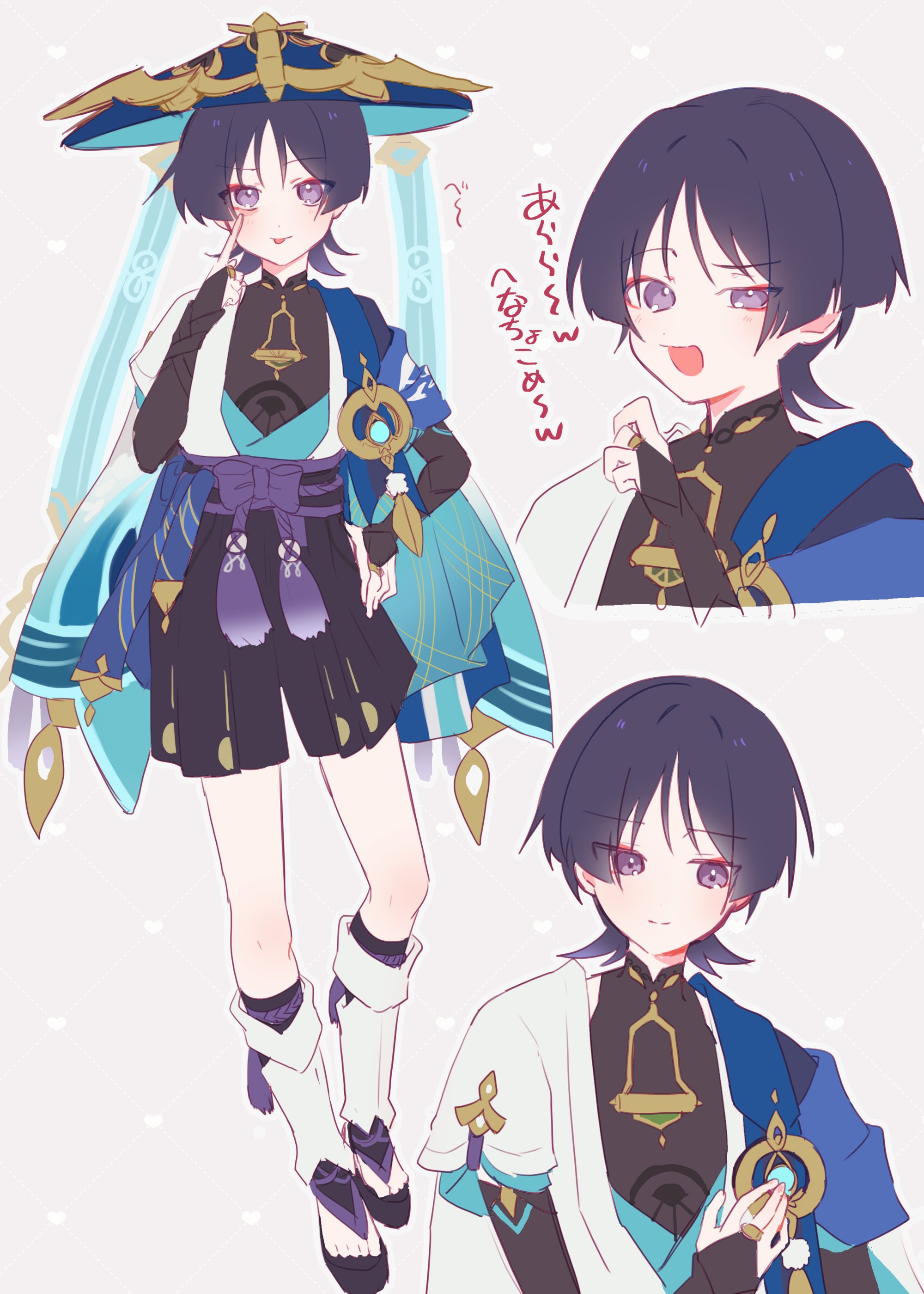 aomattya, scaramouche (genshin impact), wanderer (genshin impact), genshin impact, absurdres, highres, translation request, 1boy, :p, akanbe, armor, artistic error, belt, black belt, black bodysuit, black bridal gauntlets, black hair, black sandals, black shorts, blue cape, blue gemstone, blue hat, blue kimono, blue sleeves, blunt ends, bodysuit, bow, bridal gauntlets, cape, closed mouth, eyelid pull, eyeliner, eyeshadow, feathers, finger to eye, furisode, gem, gold, gold ring, hakama, hakama shorts, hand on own chest, hand on own hip, hand up, hat, index finger raised, japanese armor, japanese clothes, jingasa, juban, kimono, kote, kurokote, layered sleeves, leg warmers, light blush, looking at viewer, looking down, makeup, male focus, mandarin collar, middle ring, multiple expressions, open clothes, open hand, open kimono, pleated shorts, pom pom (clothes), purple bow, purple eyes, purple rope, purple sash, red eyeliner, red eyeshadow, rope, sandals, sash, short sleeves, shorts, shoulder peek, smile, solo, split mouth, tassel, toeless legwear, toes, tongue, tongue out, uneven eyes, vision (genshin impact), white background, white kimono, white leg warmers, white sleeves, white trim, wispy bangs, yellow feathers