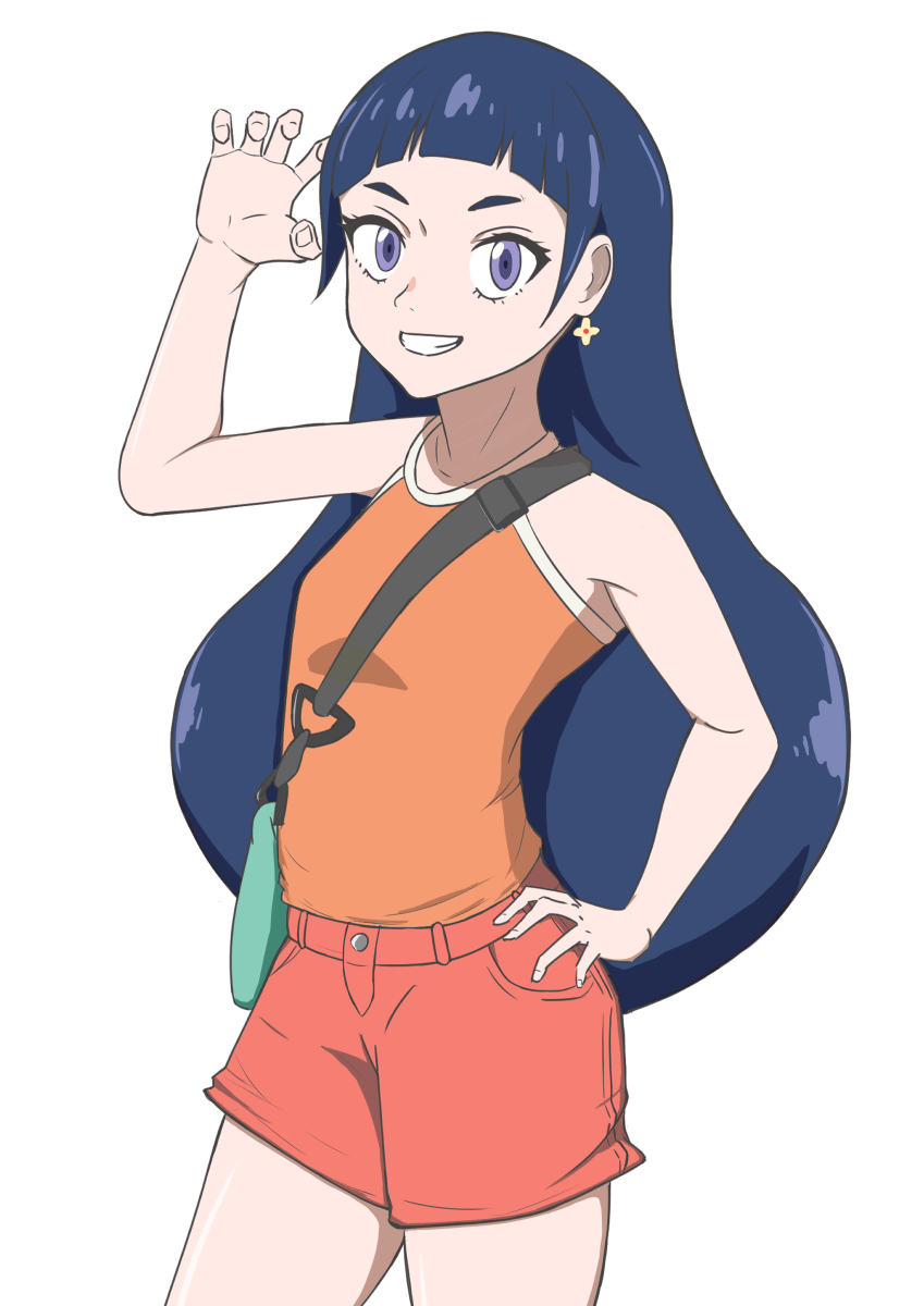 ayukawa hana, negaposi angler, commentary request, highres, 1girl, big hair, blue eyes, breasts, earrings, flower earrings, grin, hand on own hip, jewelry, long hair, looking at viewer, medium breasts, orange shirt, red shorts, shiny skin, shirt, short bangs, shorts, simple background, smile, solo, standing, thighs, unw1qwepbk55064, white background