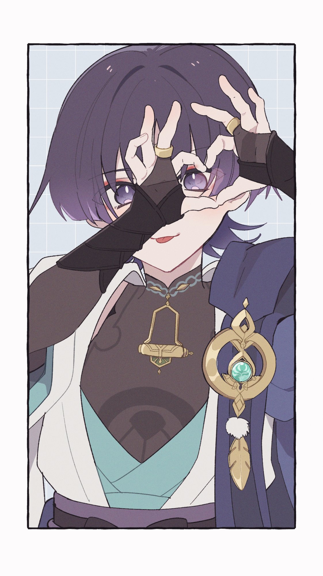 aomattya, scaramouche (genshin impact), wanderer (genshin impact), genshin impact, highres, 1boy, anemo symbol (genshin impact), aqua gemstone, armor, black bodysuit, black bridal gauntlets, blue kimono, blue sleeves, blunt ends, bodysuit, border, bridal gauntlets, cape, eyeliner, eyeshadow, feathers, four-finger heart hands, gem, gold, gold ring, grey background, grid background, hands up, heart, heart hands, heart hands over eye, japanese armor, japanese clothes, juban, kimono, kote, kurokote, layered sleeves, looking at viewer, makeup, male focus, mandarin collar, middle ring, open clothes, open kimono, pom pom (clothes), purple cape, purple eyes, purple hair, purple sash, red eyeliner, red eyeshadow, sash, short sleeves, shoulder peek, solo, tongue, tongue out, upper body, vision (genshin impact), white border, white kimono, white sleeves, yellow feathers