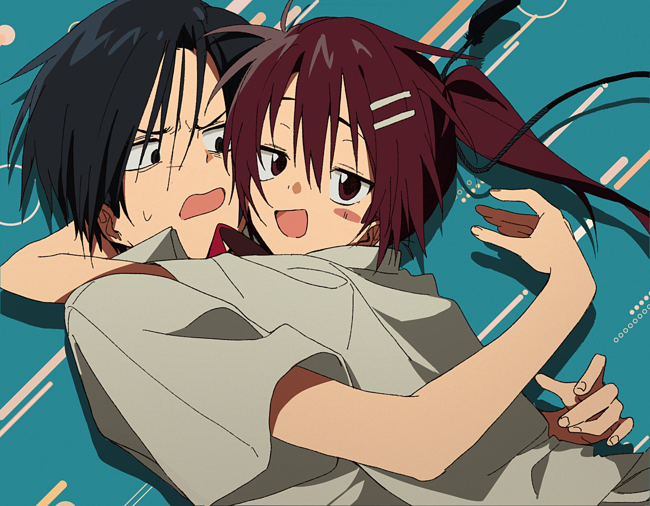minakami yuki, yuuki tomosane, subarashiki hibi, hashtag-only commentary, highres, 1boy, 1girl, :d, aqua background, black eyes, black hair, blush stickers, brown eyes, brown hair, collared shirt, drop shadow, from side, hair between eyes, hair ornament, hairclip, hug, iwillsaveyouso, long hair, looking at another, looking at viewer, open mouth, parallel hairclips, ponytail, retro artstyle, shirt, short hair, short sleeves, simple background, smile, smug, spiked hair, sweatdrop, upper body, v-shaped eyebrows, white shirt