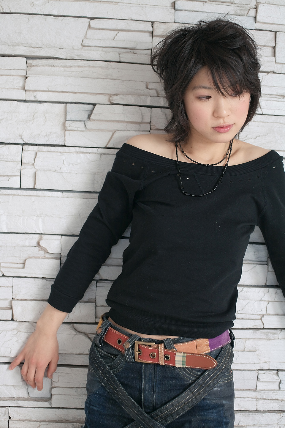 komiyama maki, highres, photo (medium), bare shoulders, denim, jeans, pants, sweater