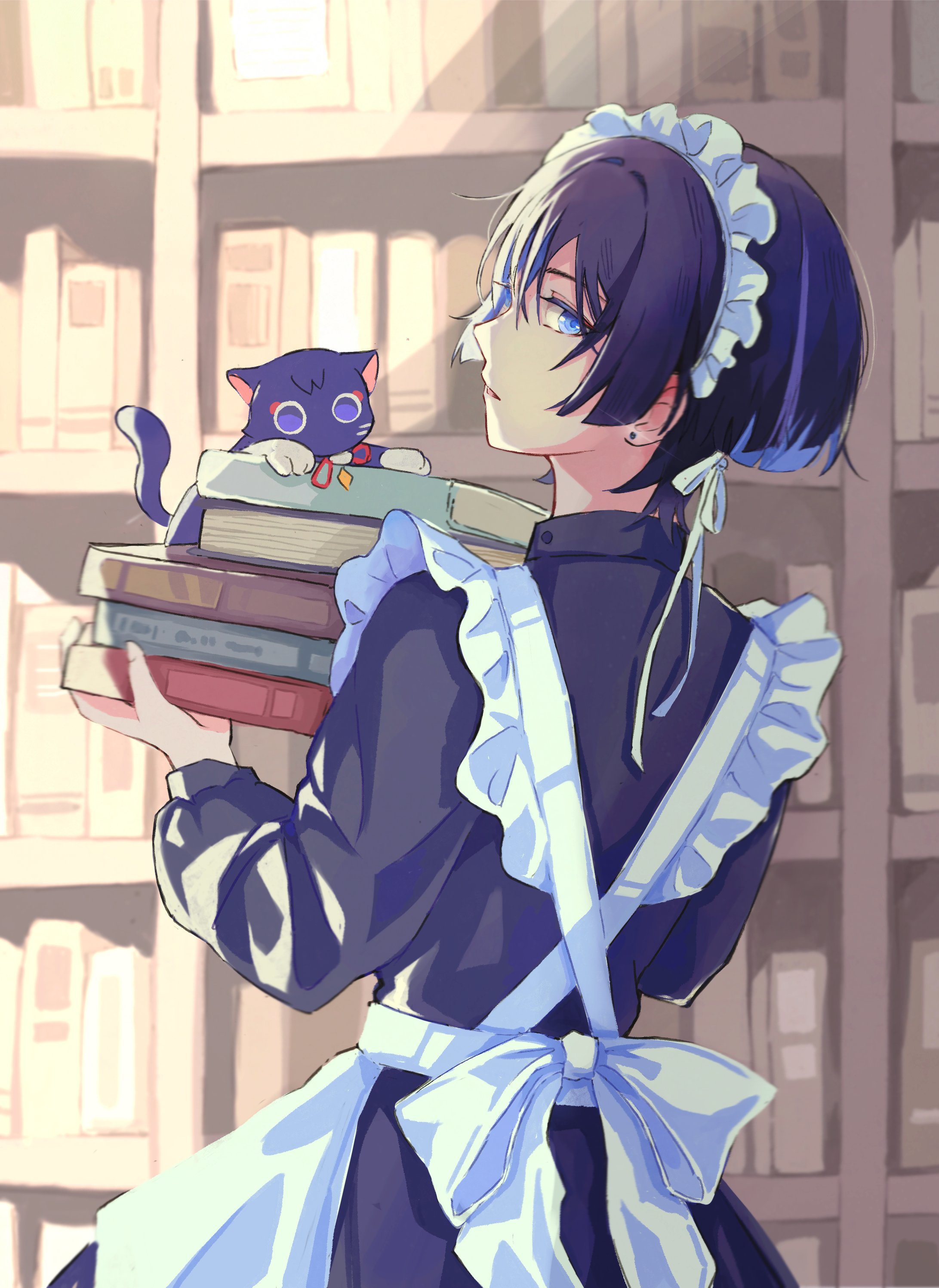 sooxy, scaramouche (cat) (genshin impact), scaramouche (genshin impact), genshin impact, absurdres, highres, 1boy, alternate costume, animalization, apron, black dress, black sleeves, blunt ends, book, book stack, bookshelf, bow, crossdressing, crossdressing (mtf), dress, earrings, enmaided, eyeliner, eyeshadow, fingernails, frilled apron, frilled headwear, frills, from behind, glint, holding, holding book, indoors, jewelry, large bow, long sleeves, looking at viewer, looking back, maid, maid apron, maid headdress, makeup, male focus, male maid, open mouth, person and animalization, puffy sleeves, purple cat, purple eyes, purple hair, red eyeliner, red eyeshadow, solo, upper body, white apron, white bow, white headdress