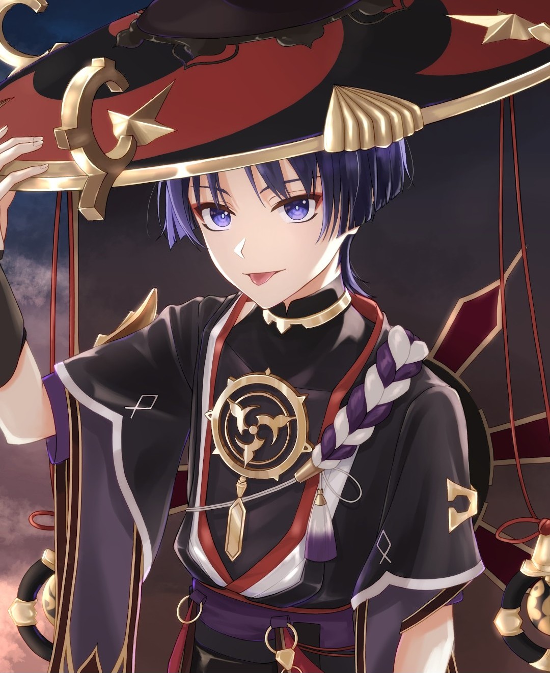 scaramouche (genshin impact), genshin impact, highres, 1boy, arm at side, armor, black bodysuit, black hat, black kimono, black mask, black sleeves, blunt ends, bodysuit, bright pupils, cloud, cloudy sky, covered collarbone, eyeliner, eyeshadow, fingernails, furisode, gold, gold trim, grey veil, hand up, hat, japanese armor, japanese clothes, jewelry, jingasa, juban, kazahana a, kimono, kote, kurokote, layered sleeves, looking at viewer, makeup, male focus, mandarin collar, mask on hat, mitsudomoe (shape), neck ring, o-ring, open clothes, open kimono, outdoors, purple eyes, purple hair, purple rope, purple sash, purple sleeves, red eyeliner, red eyeshadow, red hat, red kimono, red sash, rope, sash, shimenawa, short sleeves, shoulder peek, sky, solo, tassel, tomoe (symbol), tongue, tongue out, two-tone hat, upper body, veil, white kimono, white pupils, white rope