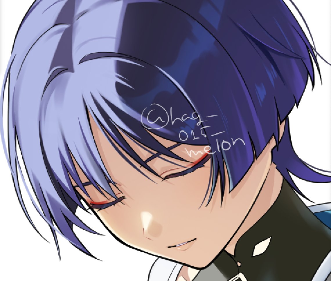 hag (hag 015), scaramouche (genshin impact), wanderer (genshin impact), genshin impact, 1boy, black bodysuit, blunt ends, bodysuit, choppy bangs, closed eyes, covered collarbone, eyelashes, eyeliner, eyeshadow, facing down, lipgloss, makeup, male focus, mandarin collar, parted lips, portrait, purple hair, red eyeliner, red eyeshadow, shoulder peek, solo, twitter username, white background, white mouth