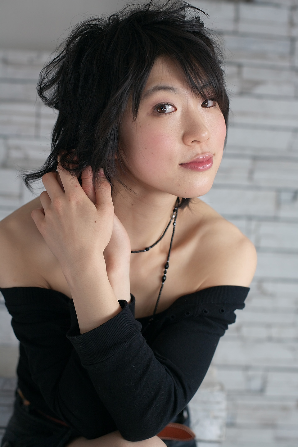 komiyama maki, highres, photo (medium), bare shoulders, denim, jeans, pants, sweater