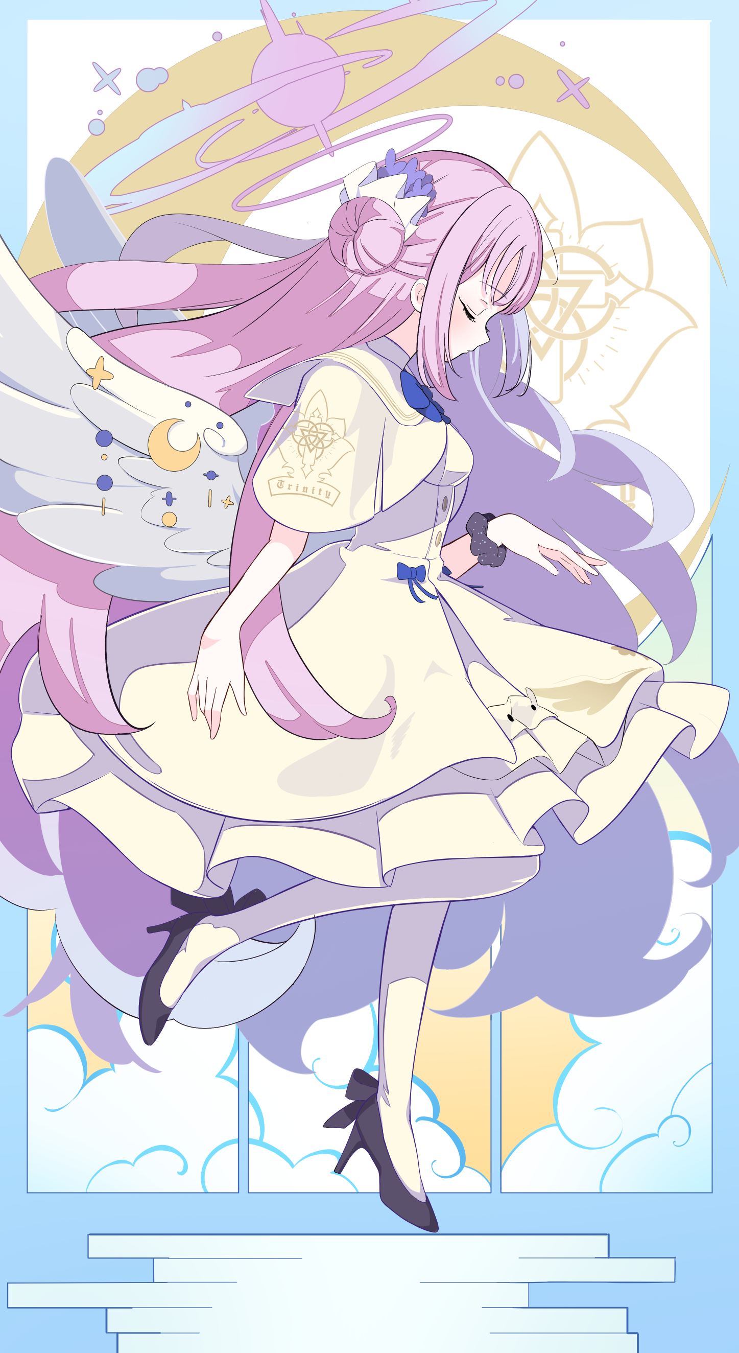 rindou ringdong, mika (blue archive), blue archive, absurdres, highres, 1girl, angel wings, blue bow, bow, breasts, buttons, capelet, closed eyes, closed mouth, dress, feathered wings, flower, from side, gold trim, hair bun, hair flower, hair ornament, halo, high heels, long hair, low wings, medium breasts, pink hair, pink halo, pumps, scrunchie, single hair bun, single side bun, solo, very long hair, white capelet, white dress, white wings, wings, wrist scrunchie
