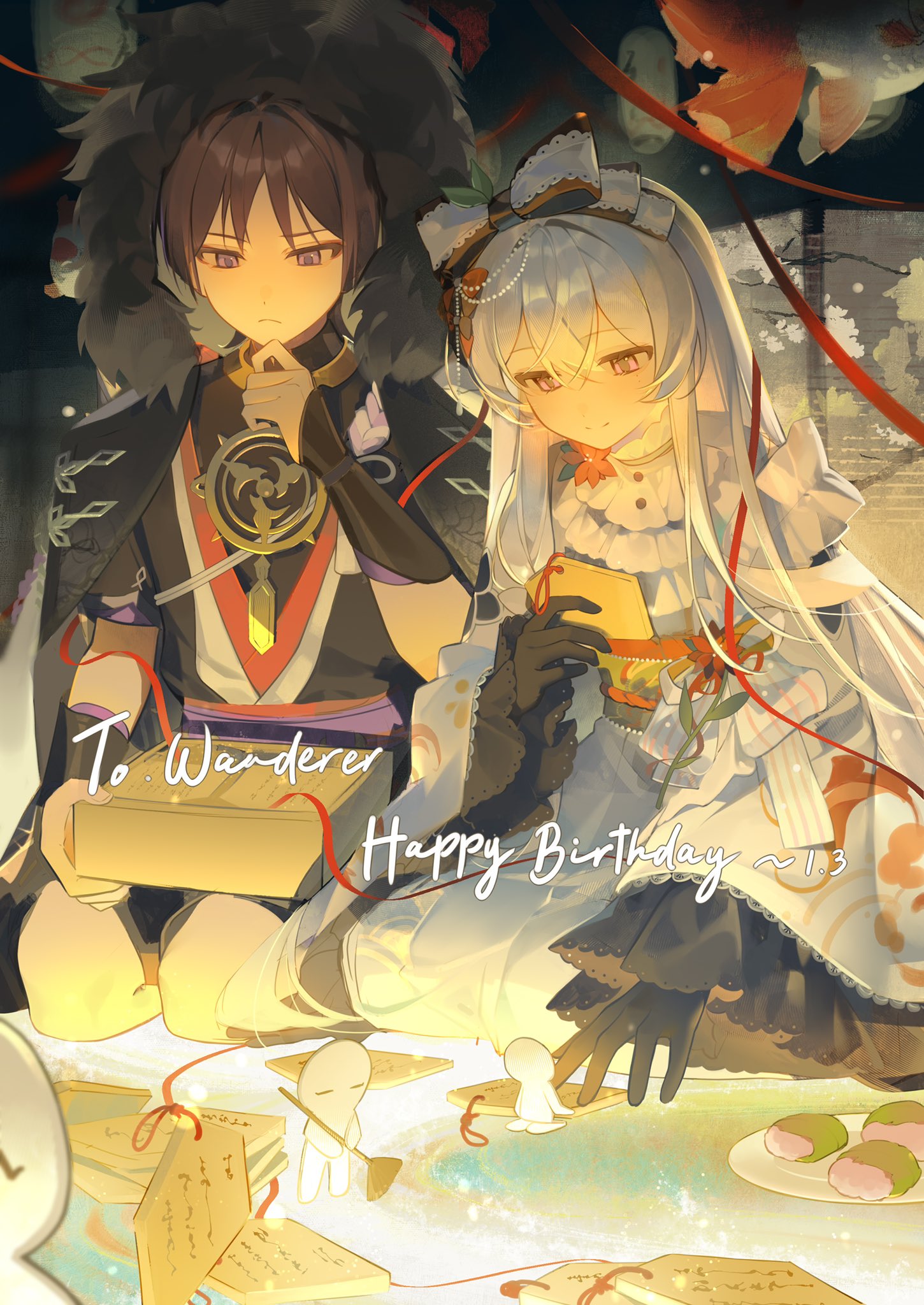 scaramouche (genshin impact), wanderer (genshin impact), genshin impact, original, artist request, commission, highres, second-party source, 1boy, 1girl, arm at side, armor, black bodysuit, black bow, black gloves, black kimono, black shorts, black sleeves, blunt ends, bodysuit, bow, box, broom, character name, closed mouth, coat, collar, commissioner insert, couple, dress, ema, eyeliner, eyeshadow, fatui coat, fish, flower, food, frilled collar, frilled dress, frills, fur-trimmed hood, fur trim, gloves, gold, goldfish, grey hair, hair between eyes, hair bow, hair intakes, hand on own chin, hand up, happy birthday, hayami momo (hayamimomo), hetero, holding ema, hood, hood up, hooded coat, indoors, japanese armor, japanese clothes, jewelry, juban, kimono, kote, kurokote, lace-trimmed bow, lace-trimmed sleeves, lace trim, lantern, lapels, layered sleeves, long hair, long sleeves, looking at object, looking down, makeup, mitsudomoe (shape), mochi, mole, mole under eye, neck ring, open clothes, open coat, open kimono, paper lantern, pink eyes, plate, purple eyes, purple sash, purple sleeves, red eyeliner, red eyeshadow, red flower, red kimono, red ribbon, red sash, red trim, ribbon, sakura mochi, sash, seiza, short sleeves, shorts, sitting, smile, split mouth, tomoe (symbol), tsurime, wagashi, white coat, white dress, white hair, white hood, white kimono, white sleeves, wide sleeves, window blinds, wispy bangs, wooden box