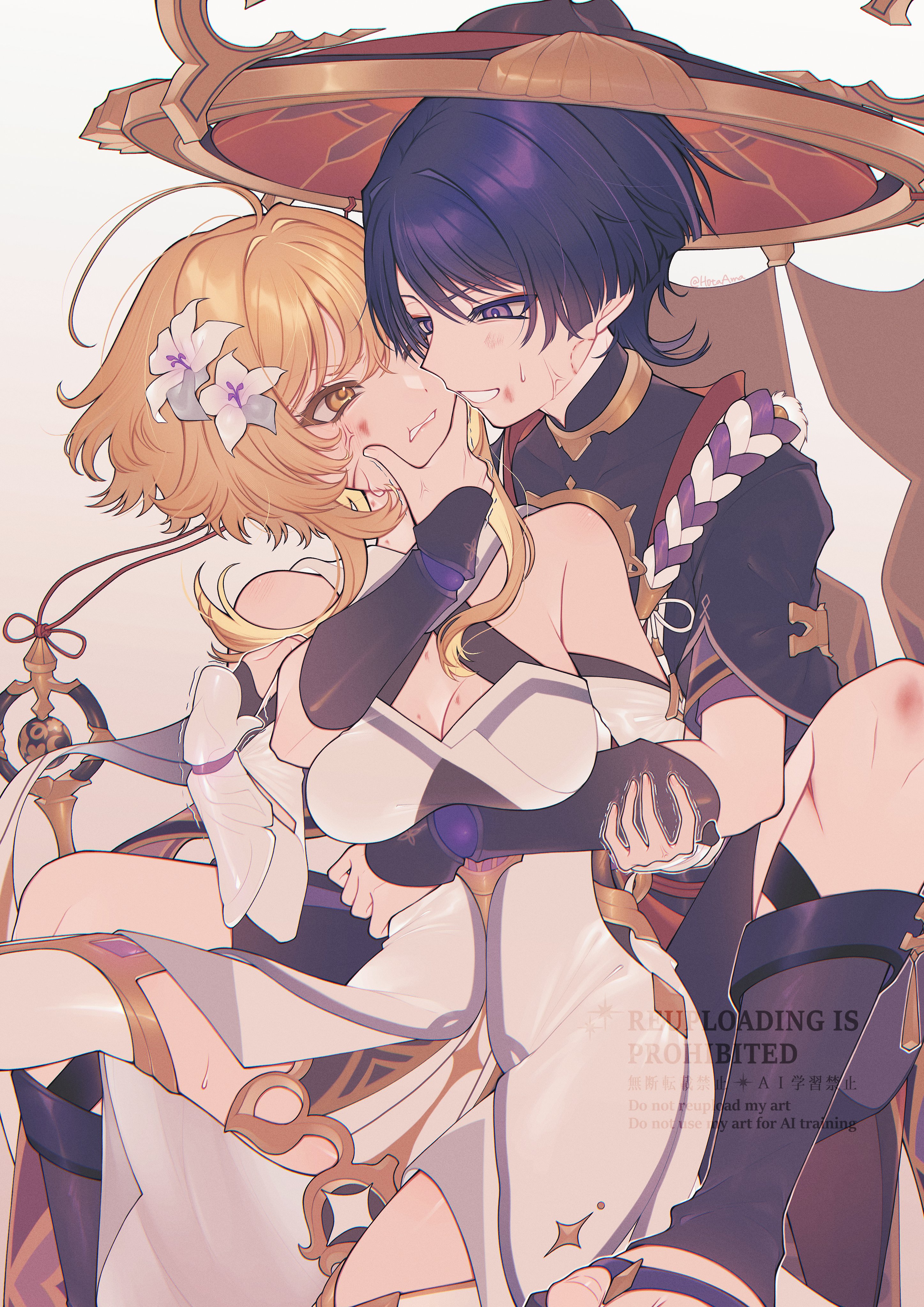 amano hotaru (hotaama), lumine (genshin impact), scaramouche (genshin impact), genshin impact, absurdres, highres, 1boy, 1girl, ahoge, anger vein, annoyed, arm under breasts, behind another, between thighs, bite mark, bite mark on face, black bodysuit, black gloves, black kimono, black mask, black sandals, black shorts, black sleeves, blonde hair, bodysuit, breasts, cheek squash, cleavage, covered collarbone, detached sleeves, dress, elbow gloves, eyeliner, eyeshadow, face-to-face, flower, gem, gloves, gold, gold trim, grabbing another's face, grabbing from behind, grey flower, grey trim, grey veil, hair flower, hair ornament, halterneck, hand on another's face, hat, head grab, holding another's arm, injury, japanese clothes, jewelry, jingasa, juban, kimono, large breasts, layered sleeves, looking at another, makeup, mask on hat, multicolored flower, multicolored hair, neck ring, one eye closed, open mouth, partially fingerless gloves, pink lips, pom pom (clothes), purple eyes, purple gemstone, purple hair, purple rope, purple sleeves, red eyeliner, red eyeshadow, red hat, red kimono, rope, sandals, scarf, shimenawa, short hair, short hair with long locks, short sleeves, shorts, sidelocks, sitting, sitting between lap, streaked hair, sweat, thighhighs, toeless legwear, toenails, trembling, tsurime, twitter username, vambraces, veil, watermark, white background, white dress, white flower, white mouth, white rope, white scarf, white thighhighs, yellow eyes