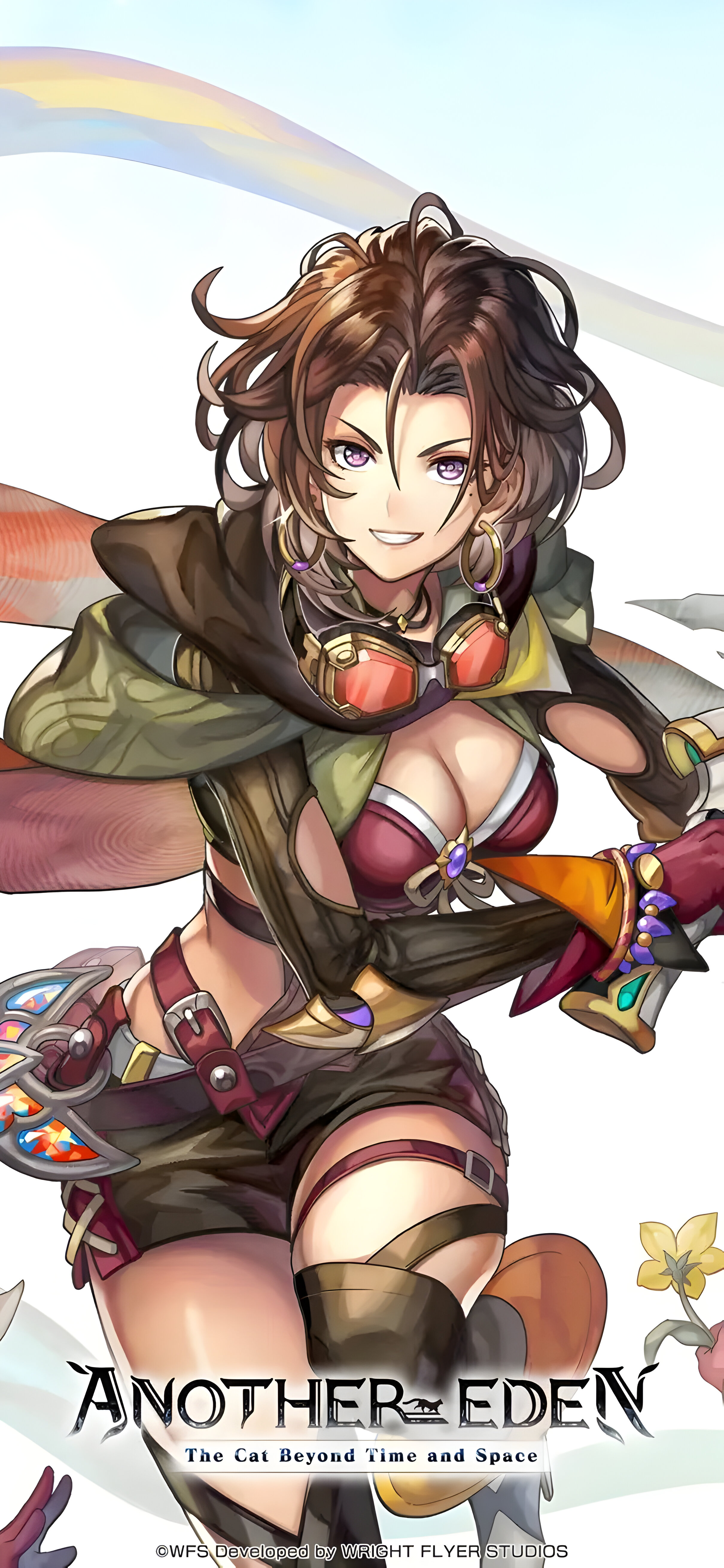 another eden, 1girl, brown hair, laclair, purple eyes