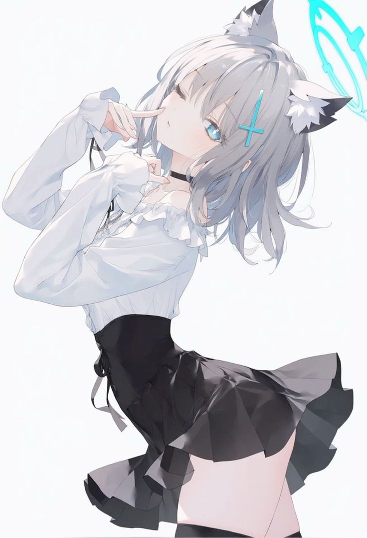 shiroko (blue archive), blue archive, source request, 1girl, black skirt, blue eyes, grey hair, medium hair, shirt, skirt, white background, white shirt