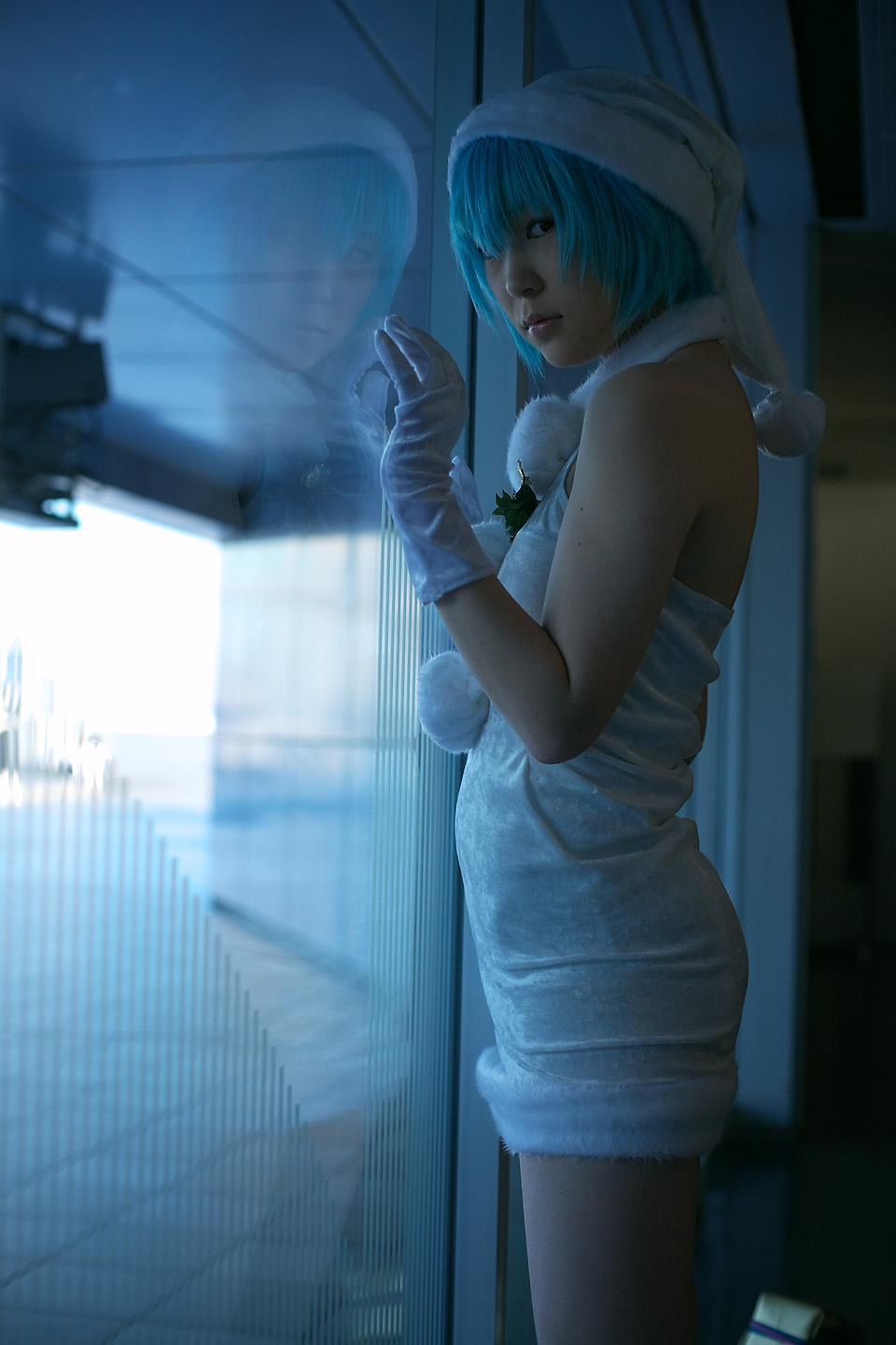 kabi, ayanami rei, neon genesis evangelion, highres, photo (medium), blue hair, cosplay, gloves, hat, santa hat