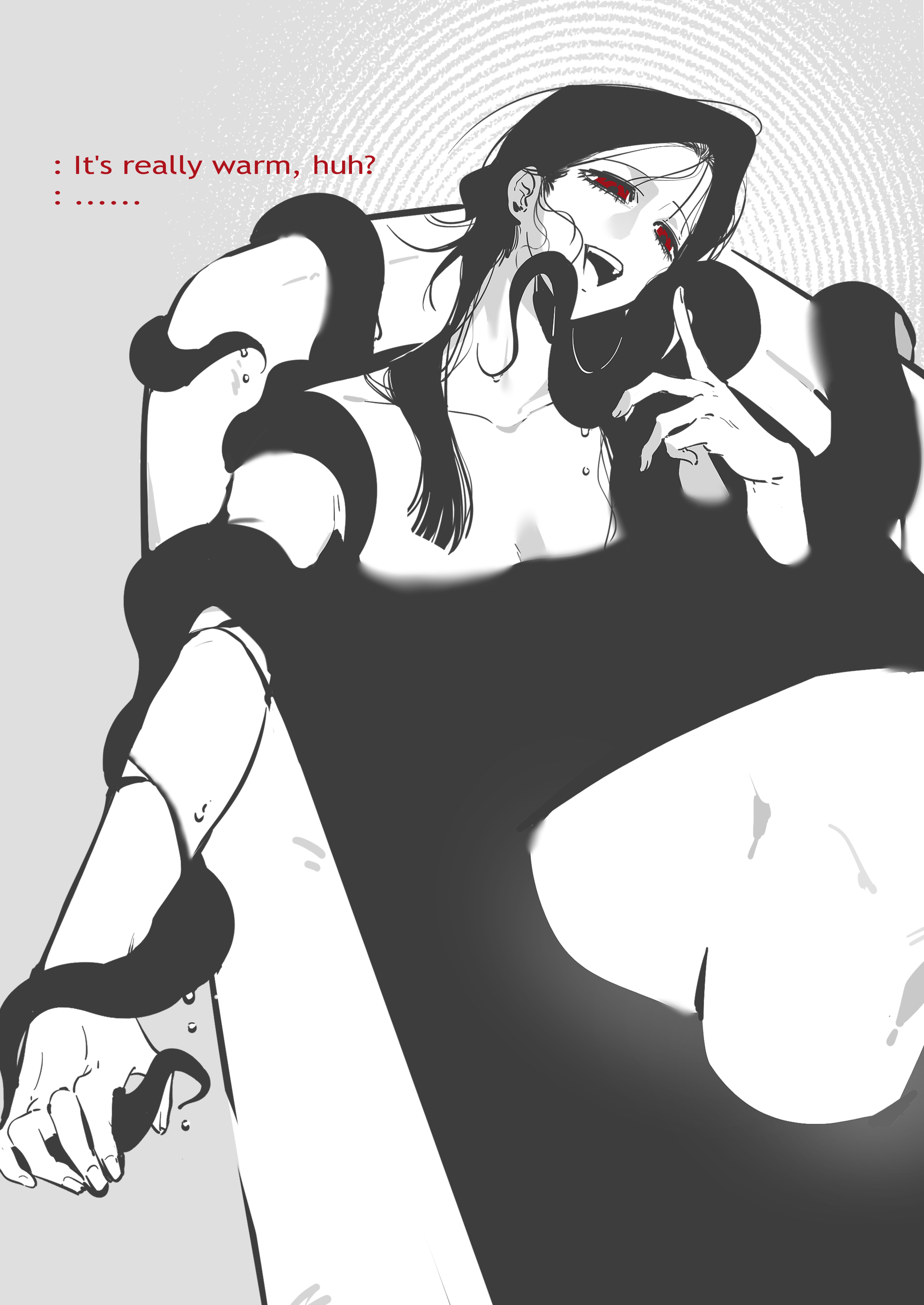 yu lan, adashino adami, mr. hood, homicipher, absurdres, chinese commentary, commentary request, highres, 1girl, bathing, bathtub, black hair, completely nude, english text, grey background, head tilt, long hair, nude, red eyes, sitting, solo, spot color, tentacles, wet