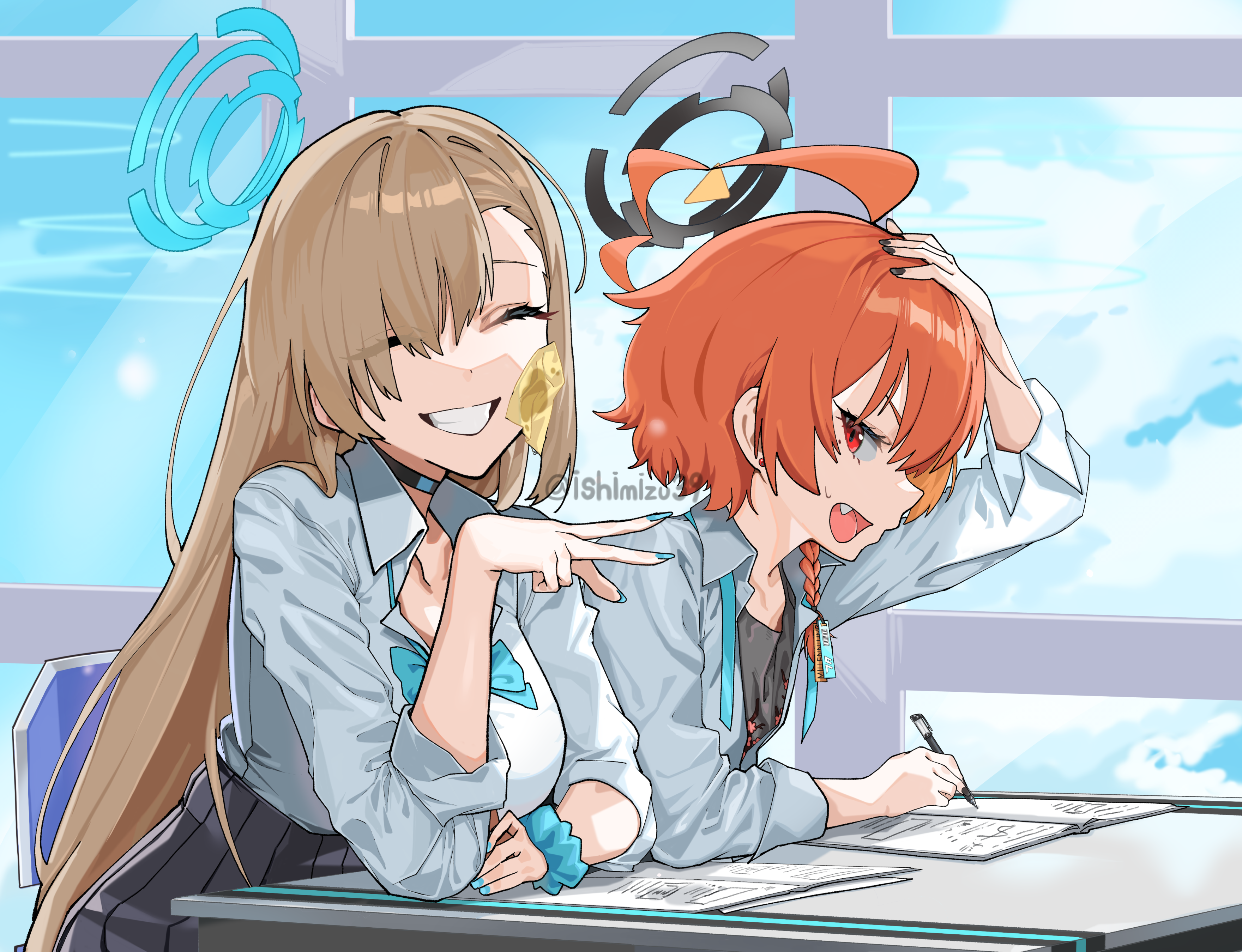 jjigong chigon, asuna (blue archive), asuna (school uniform) (blue archive), neru (blue archive), neru (school uniform) (blue archive), blue archive, absurdres, highres, 2girls, ahoge, asymmetrical bangs, black skirt, blue bow, blue bowtie, bow, bowtie, braid, breasts, choker, closed eyes, collared shirt, desk, fang, grin, hair over one eye, halo, holding, long hair, long sleeves, looking at viewer, multiple girls, nail polish, open mouth, orange hair, pen, pleated skirt, red eyes, school uniform, scrunchie, shirt, short hair, sitting, skin fang, skirt, smile, twitter username, v, white shirt, wrist scrunchie