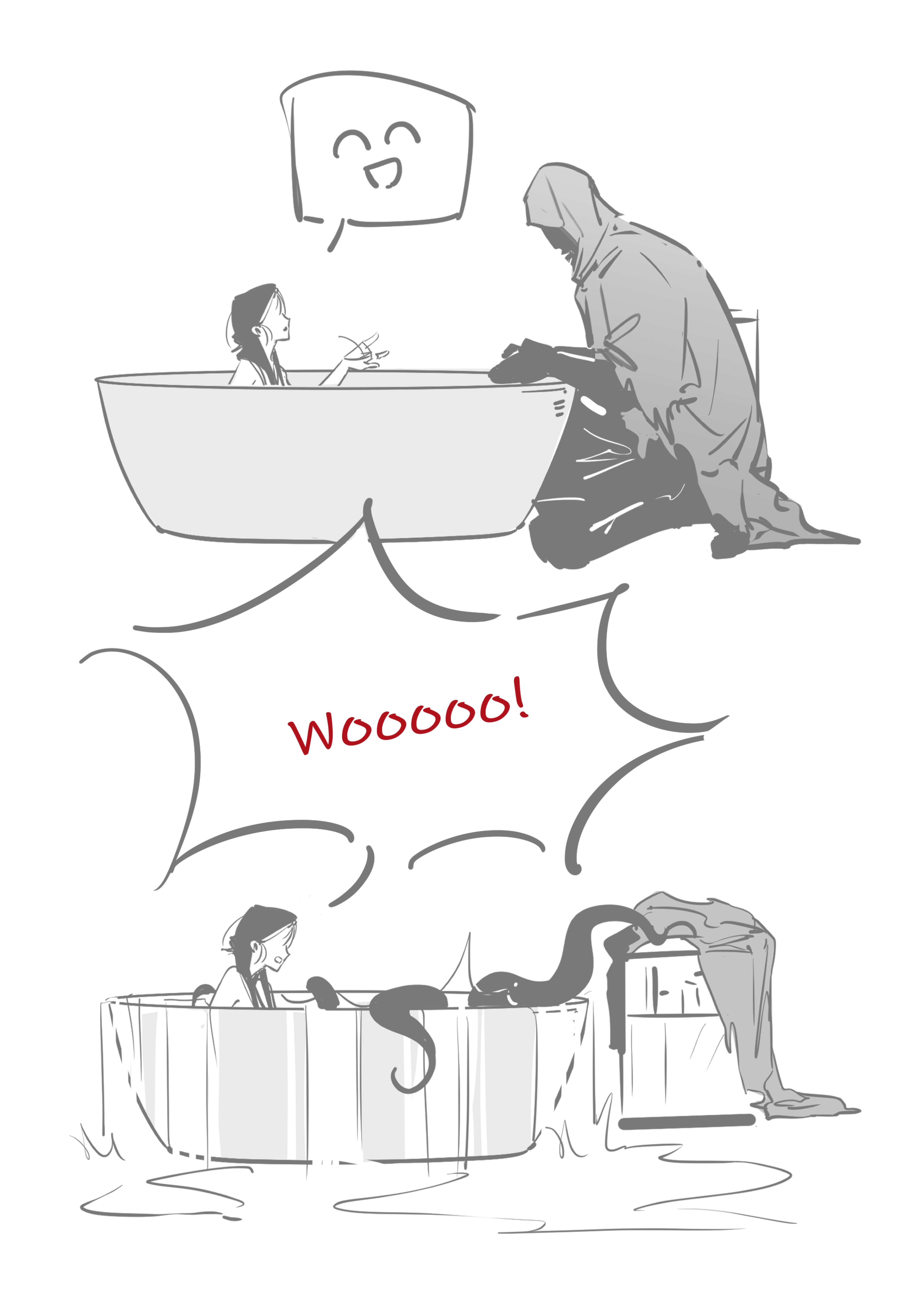 yu lan, adashino adami, mr. hood, homicipher, absurdres, chinese commentary, commentary request, highres, 1boy, 1girl, bathing, bathtub, cloak, hood, hood up, hooded cloak, kneeling, simple background, splashing, tentacles, water, white background