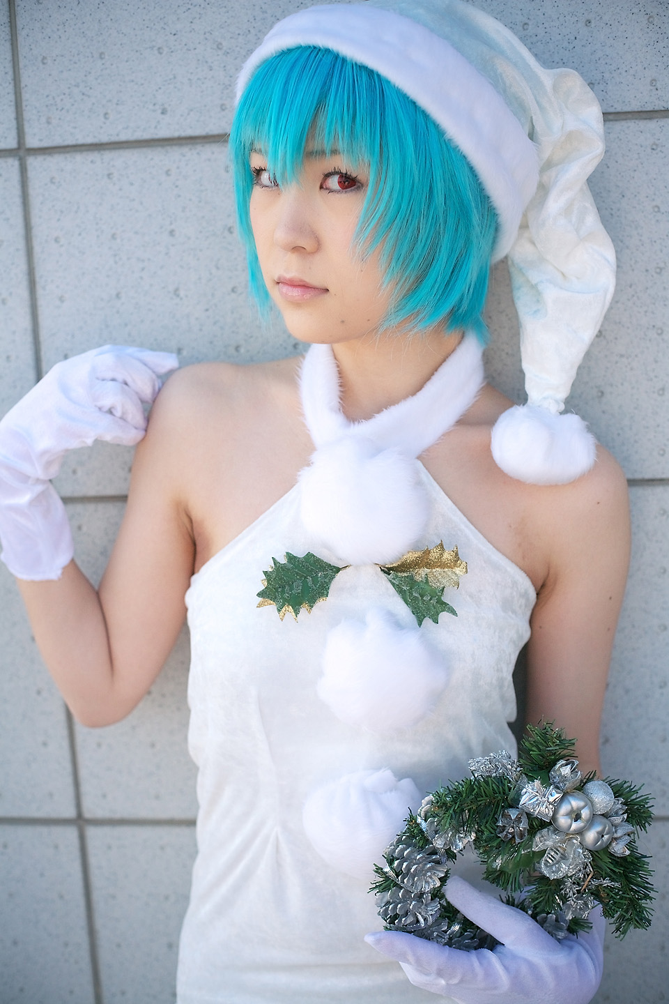 kabi, ayanami rei, neon genesis evangelion, highres, photo (medium), blue hair, cosplay, gloves, hat, santa hat