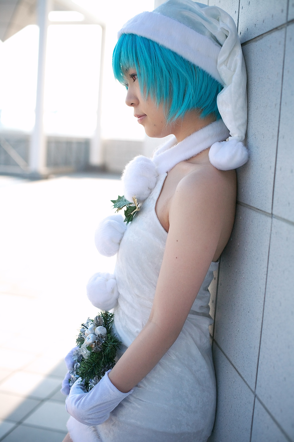 kabi, ayanami rei, neon genesis evangelion, highres, photo (medium), blue hair, cosplay, gloves, hat, santa hat