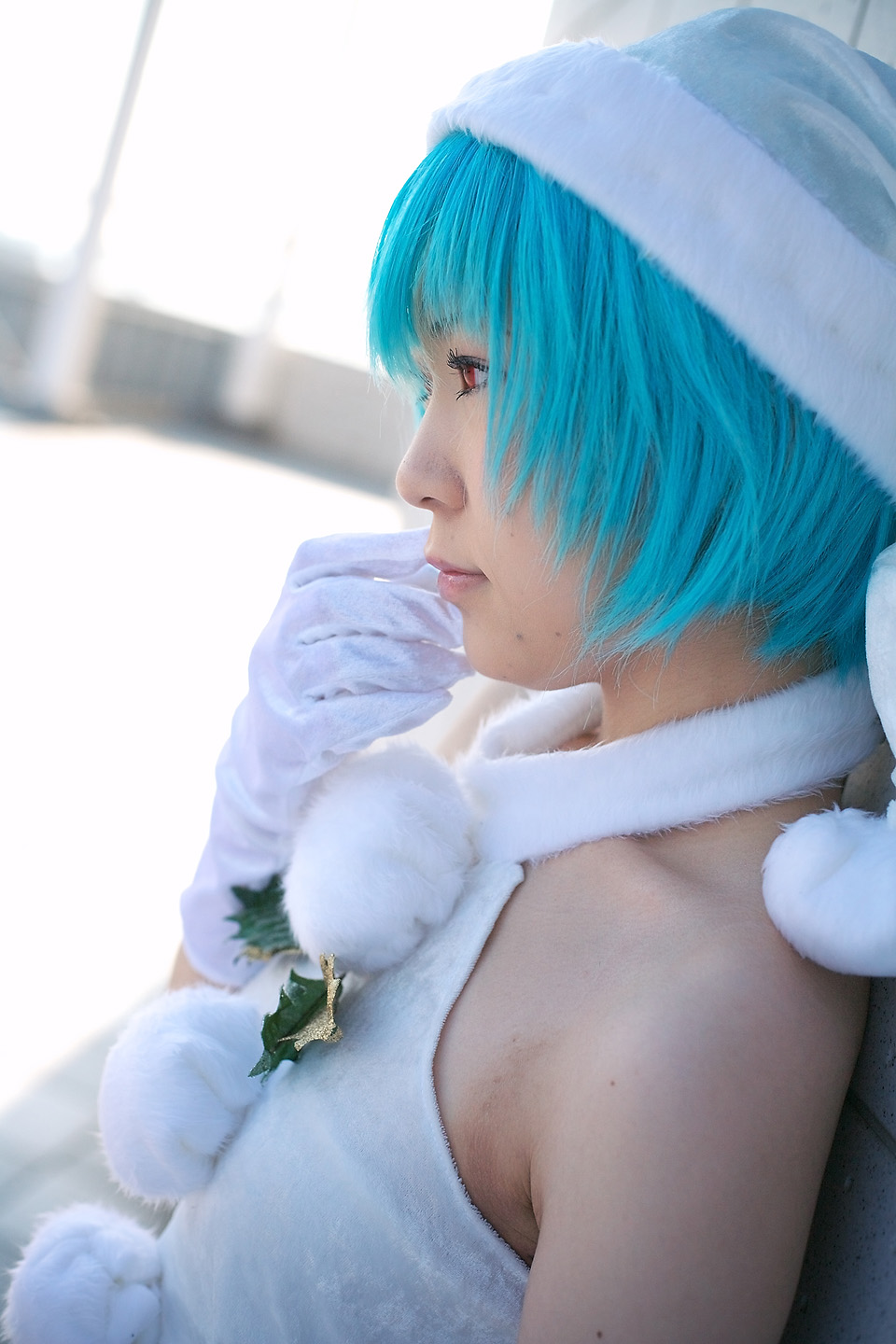 kabi, ayanami rei, neon genesis evangelion, highres, photo (medium), blue hair, cosplay, gloves, hat, santa hat