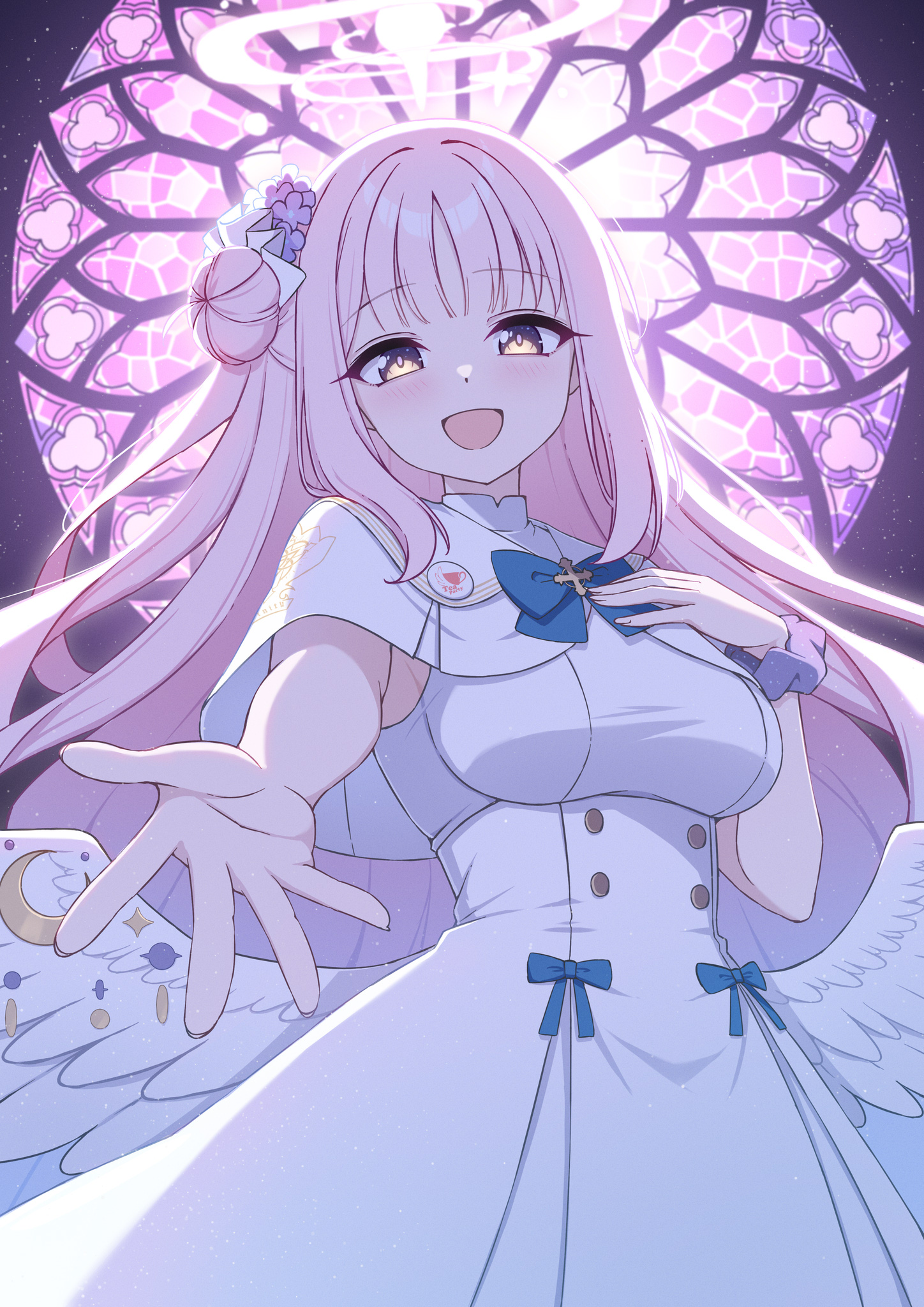 maru.selinn, mika (blue archive), blue archive, highres, 1girl, angel wings, blue bow, blush, bow, breasts, buttons, capelet, double-breasted, dress, feathered wings, flower, gold trim, hair bun, hair flower, hair ornament, halo, hand on own chest, high-waist skirt, long hair, low wings, medium breasts, open mouth, pink hair, pink halo, reaching, reaching towards viewer, scrunchie, single hair bun, single side bun, skirt, sleeveless, sleeveless dress, smile, solo, very long hair, white capelet, white dress, white wings, wing ornament, wings, wrist scrunchie