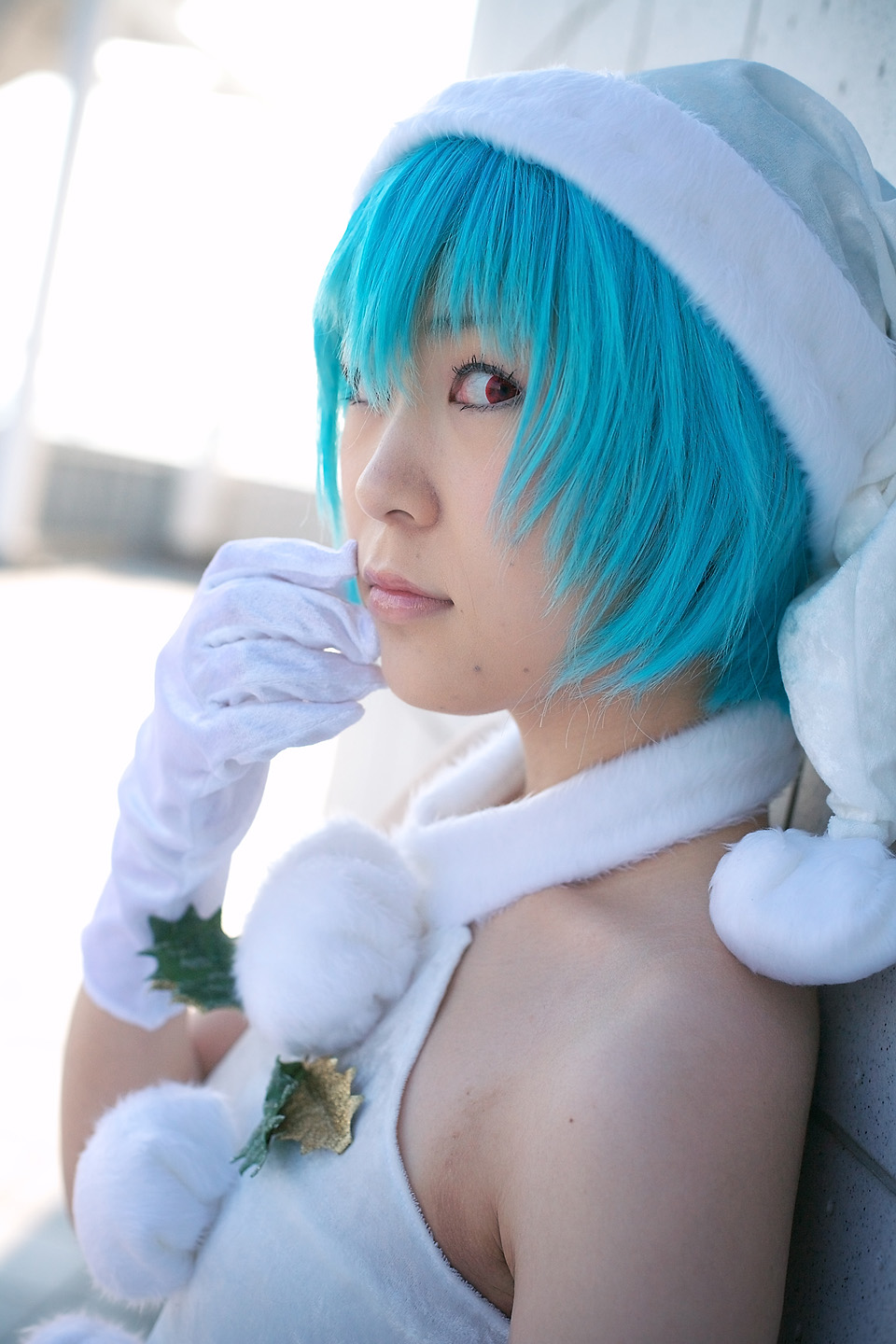 kabi, ayanami rei, neon genesis evangelion, highres, photo (medium), blue hair, cosplay, gloves, hat, santa hat
