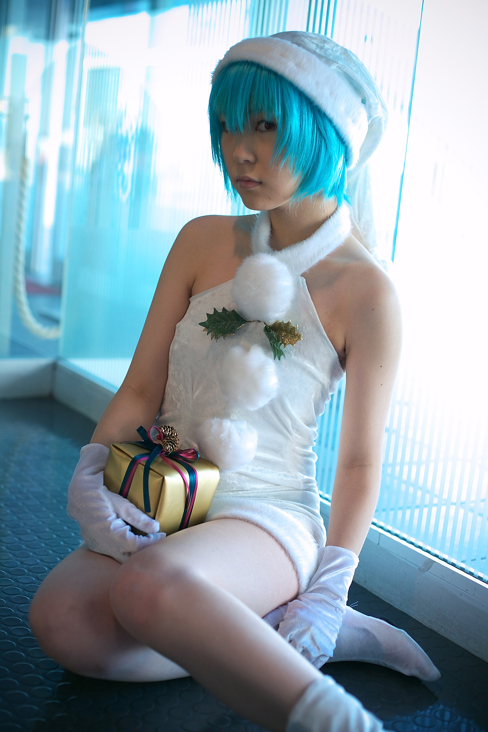 kabi, ayanami rei, neon genesis evangelion, highres, photo (medium), blue hair, cosplay, gloves, hat, santa hat