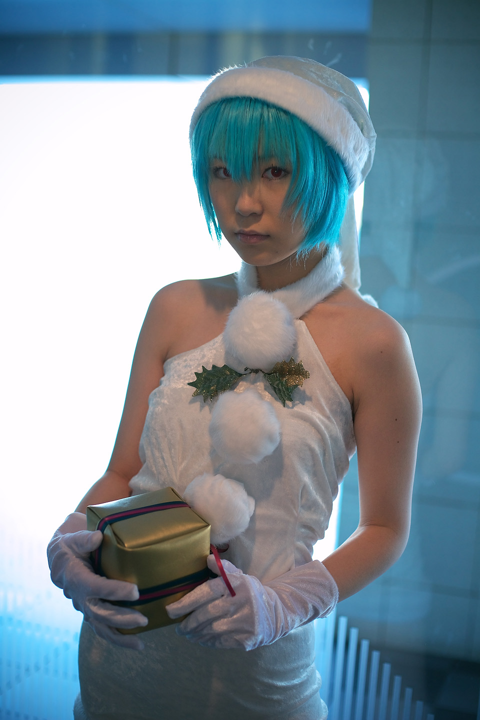 kabi, ayanami rei, neon genesis evangelion, highres, photo (medium), blue hair, cosplay, gloves, hat, santa hat