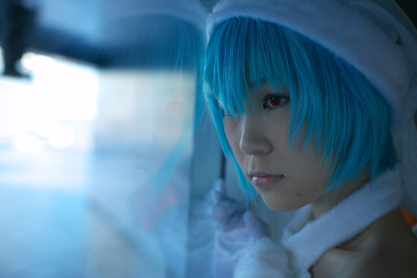 kabi, ayanami rei, neon genesis evangelion, photo (medium), blue hair, cosplay, gloves, hat, santa hat