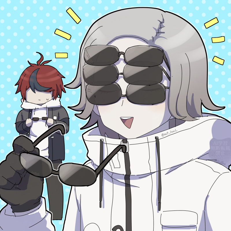 matsu shimatsuki, aotsuki eito, sumino takumi, the hundred line -last defense academy-, 2boys, ahoge, black gloves, black jacket, black pants, black streaks, blue background, closed eyes, extra eyewear, facing another, glasses, gloves, grey hair, grey jacket, holding, holding removed eyewear, hood, hoodie, jacket, jacket over hoodie, male focus, multicolored hair, multicolored jacket, multiple boys, no eyes, pants, polka dot, polka dot background, red hair, short hair, small sweatdrop, streaked hair, teeth, too many glasses, triangle mouth, twitter username, two-tone jacket, unworn eyewear, upper teeth only, watermark, white jacket