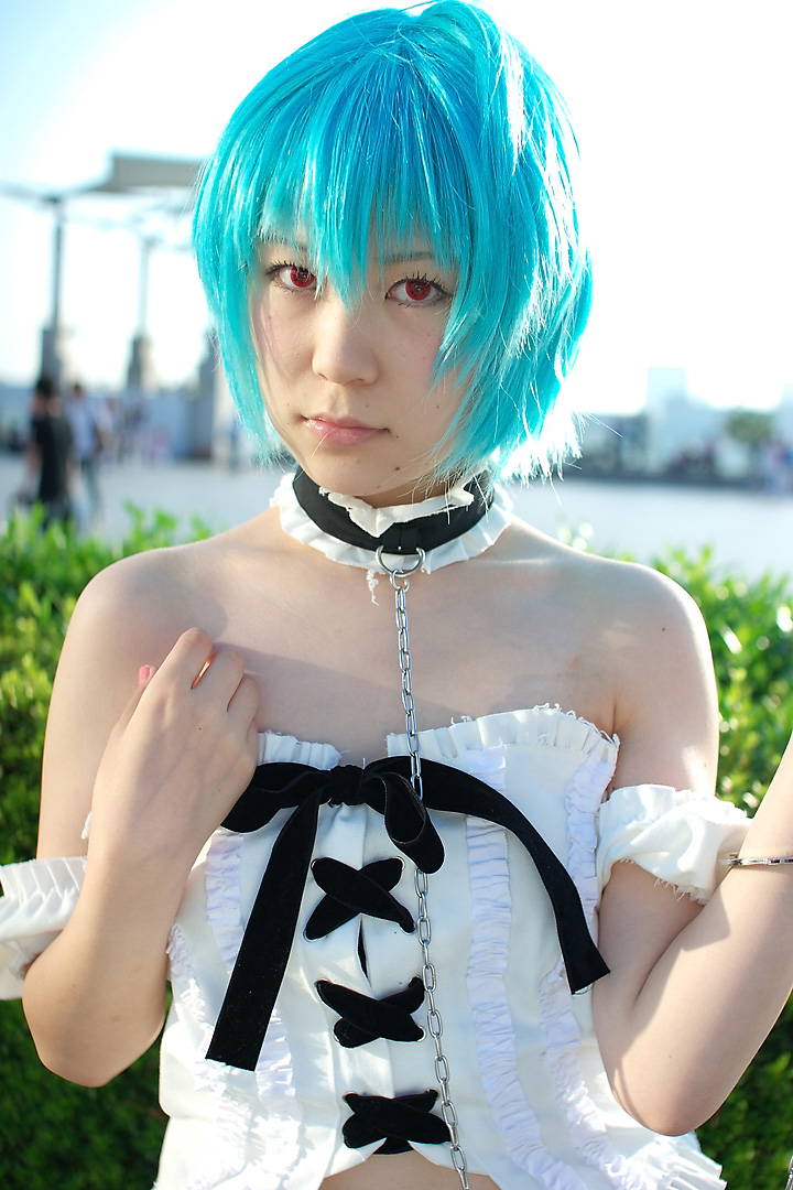 kabi, ayanami rei, neon genesis evangelion, photo (medium), blue hair, cosplay, frills, lace, leash, red eyes