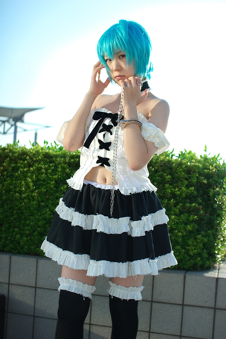 kabi, ayanami rei, neon genesis evangelion, photo (medium), blue hair, cosplay, frills, lace, leash, red eyes, thighhighs, zettai ryouiki