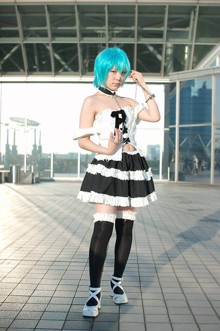 kabi, ayanami rei, neon genesis evangelion, photo (medium), blue hair, cosplay, frills, lace, leash, red eyes, thighhighs, zettai ryouiki