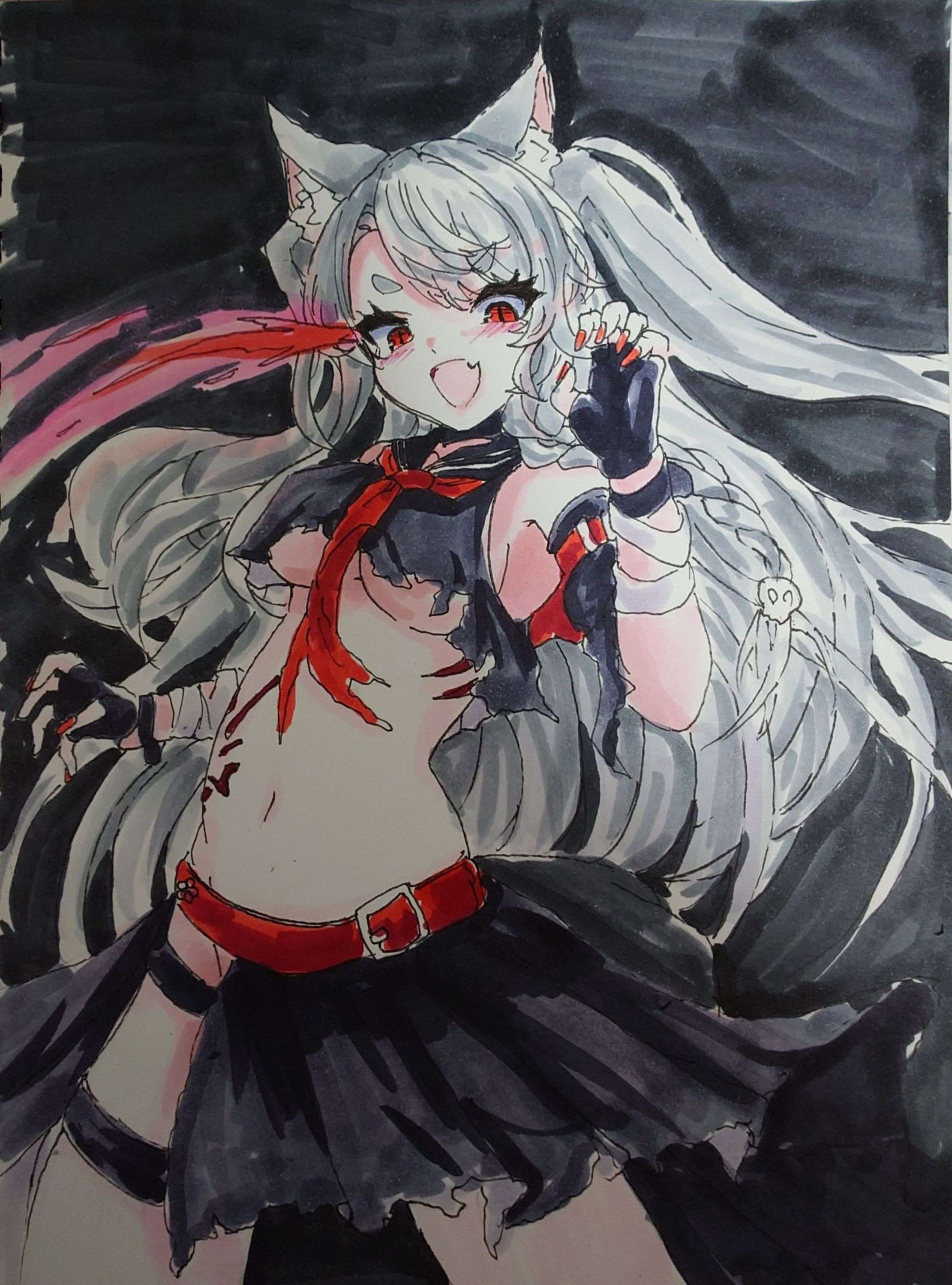 shiminy, yuudachi (azur lane), azur lane, absurdres, highres, marker (medium), photo (medium), traditional media, 1girl, animal ears, black shirt, black skirt, braid, breasts, fang, large breasts, long hair, looking at viewer, navel, neckerchief, open mouth, red nails, red neckerchief, shirt, skin fang, skirt, solo, stomach, thick eyebrows, torn clothes, torn shirt, underboob, white hair, wolf ears, wolf girl, yuudachi (meta) (azur lane)