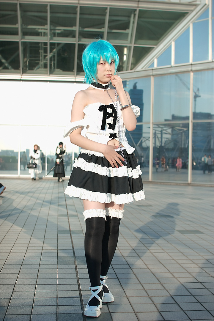 kabi, ayanami rei, neon genesis evangelion, photo (medium), blue hair, cosplay, frills, lace, leash, red eyes, thighhighs, zettai ryouiki
