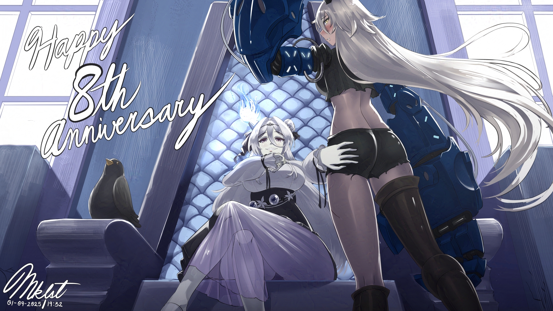 maikeruexe, arbiter strength viii (azur lane), arbiter the empress iii (azur lane), siren (azur lane), azur lane, highres, 2girls, anniversary, ass, asymmetrical legwear, bird, black shorts, black thighhighs, colored skin, crossed legs, crow, dark-skinned female, dark skin, dated, long bangs, long sleeves, looking at viewer, multiple girls, shorts, signature, single thighhigh, sitting, thighhighs, throne, white hair, white skin