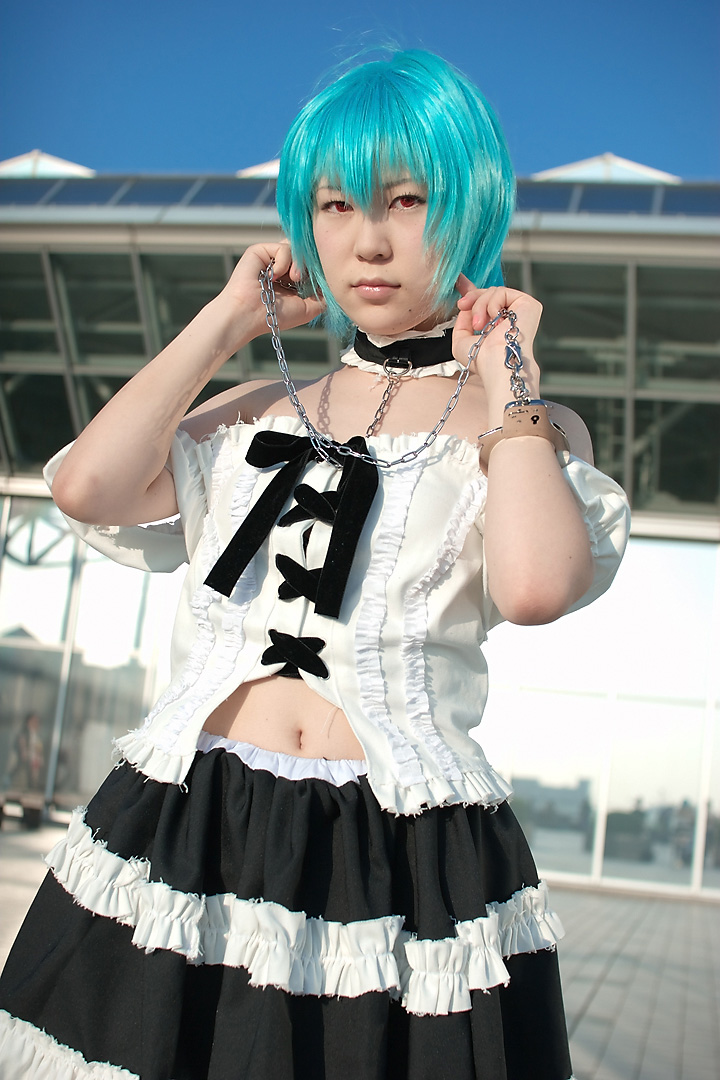 kabi, ayanami rei, neon genesis evangelion, photo (medium), blue hair, cosplay, frills, lace, leash, red eyes, thighhighs, zettai ryouiki