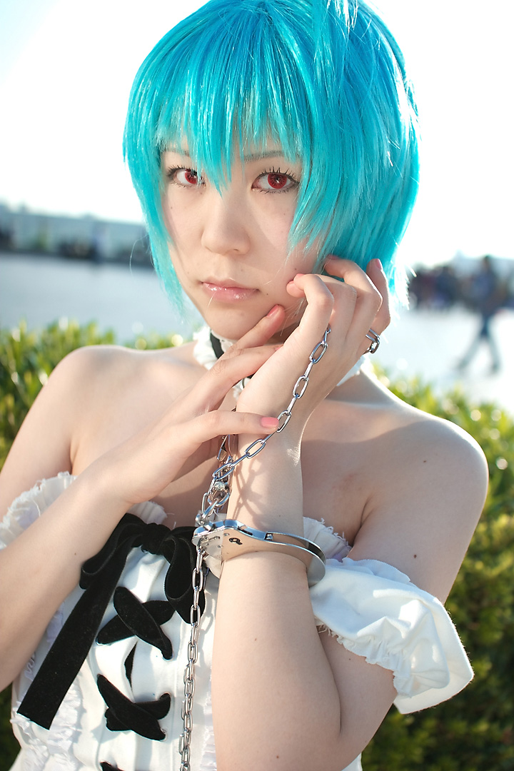 kabi, ayanami rei, neon genesis evangelion, photo (medium), blue hair, cosplay, frills, lace, leash, red eyes