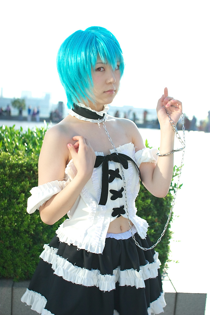 kabi, ayanami rei, neon genesis evangelion, photo (medium), blue hair, cosplay, frills, lace, leash, red eyes