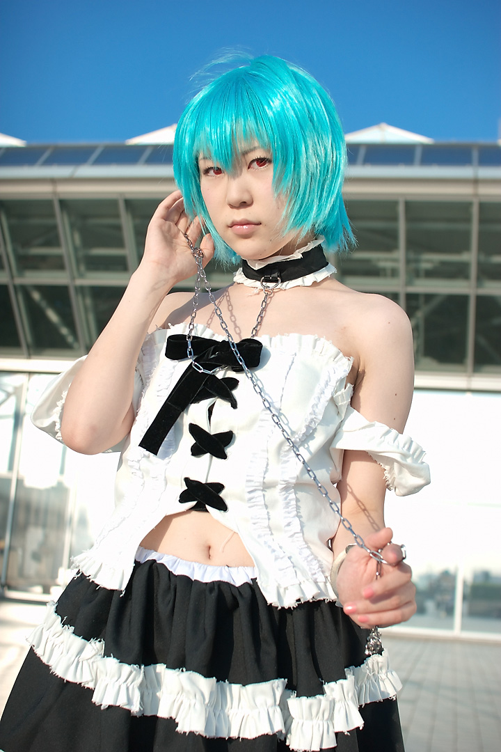 kabi, ayanami rei, neon genesis evangelion, photo (medium), blue hair, cosplay, frills, lace, leash, red eyes