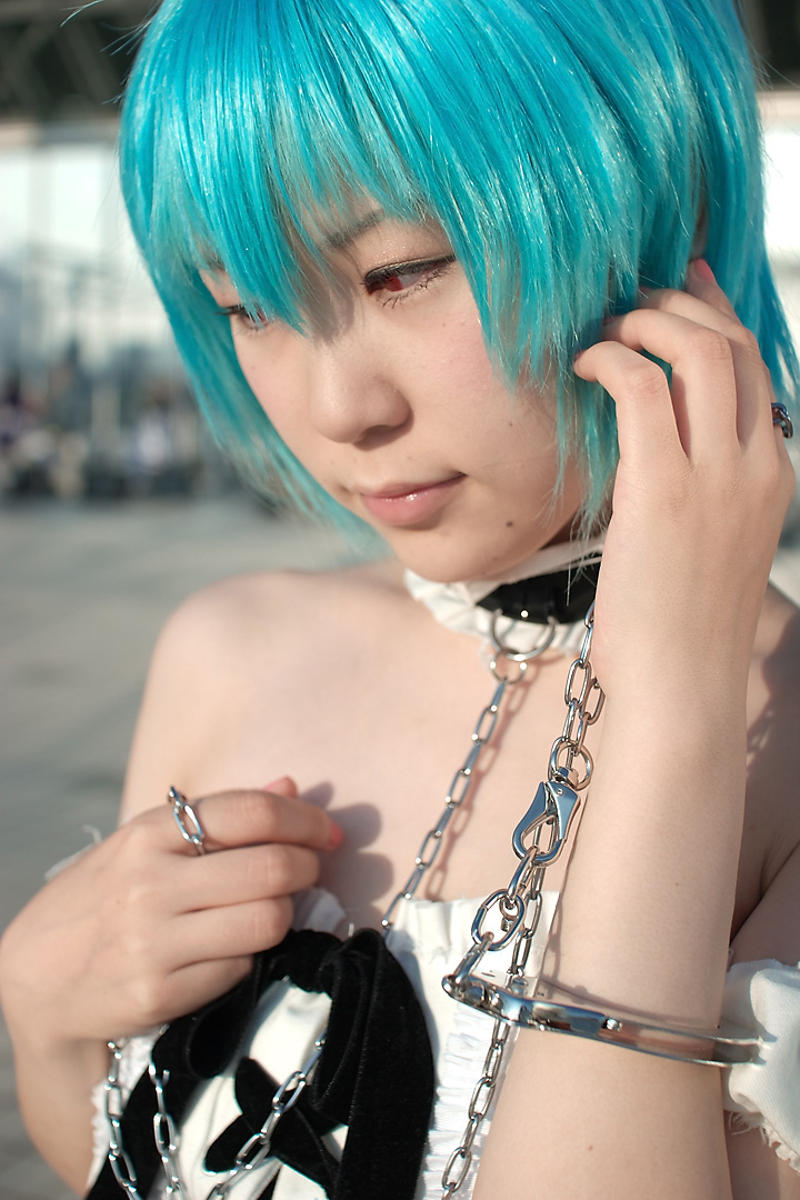 kabi, ayanami rei, neon genesis evangelion, photo (medium), blue hair, cosplay, frills, lace, leash, red eyes
