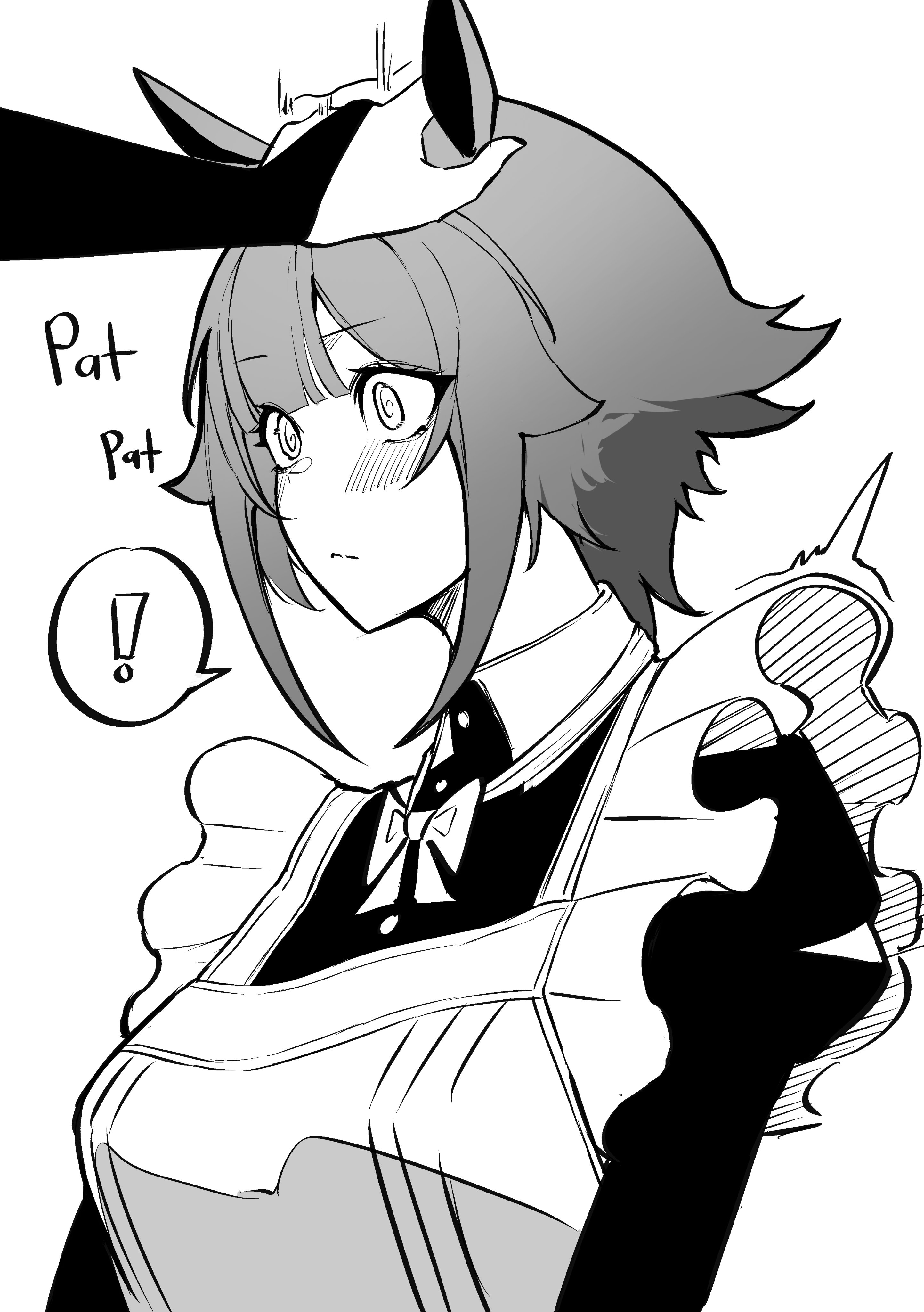 mirui09, original, absurdres, commentary, english commentary, highres, !, 1girl, animal ears, apron, blush, bow, breasts, closed mouth, greyscale, headpat, horse ears, horse girl, maid, maid apron, monochrome, parted bangs, shirt, short hair, simple background, solo focus, speech bubble, spoken exclamation mark, upper body, white background