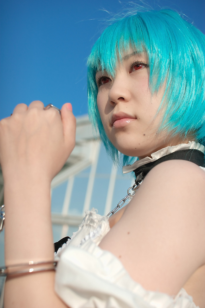 kabi, ayanami rei, neon genesis evangelion, photo (medium), blue hair, cosplay, frills, lace, leash, red eyes