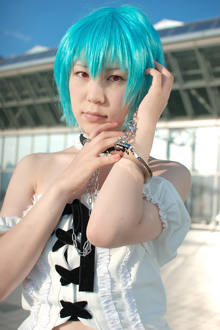kabi, ayanami rei, neon genesis evangelion, photo (medium), blue hair, cosplay, frills, lace, leash, red eyes