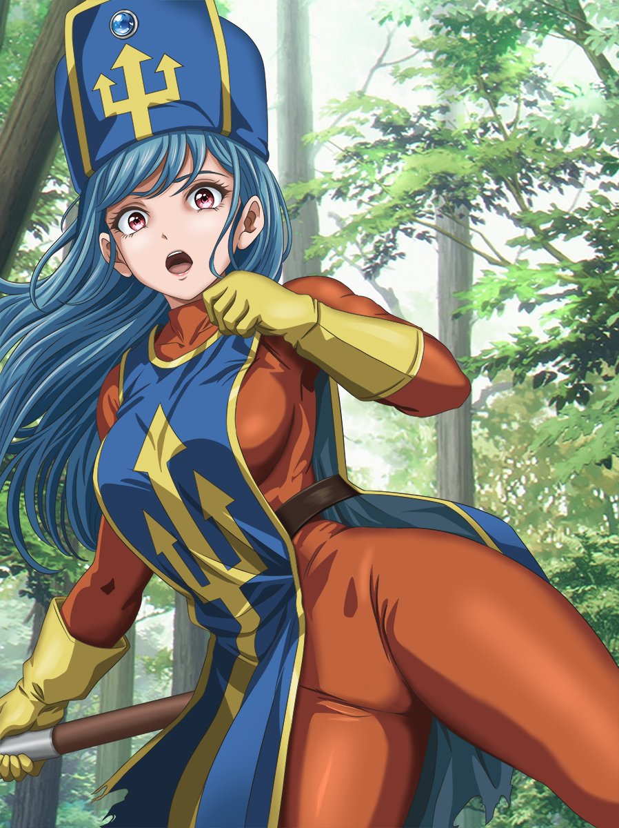 anri (holy), priest (dq3), dragon quest, dragon quest iii, commentary request, highres, 1girl, blue hair, blue tabard, bodystocking, bodysuit, floating clothes, floating hair, forest, gloves, hat, holding, holding staff, long hair, looking at viewer, mitre, nature, open mouth, orange bodysuit, outdoors, red eyes, solo, staff, tabard, torn clothes, torn tabard, tree, yellow gloves