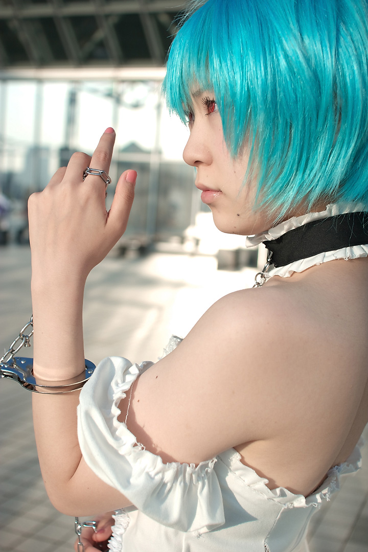 kabi, ayanami rei, neon genesis evangelion, photo (medium), blue hair, cosplay, frills, lace, leash, red eyes