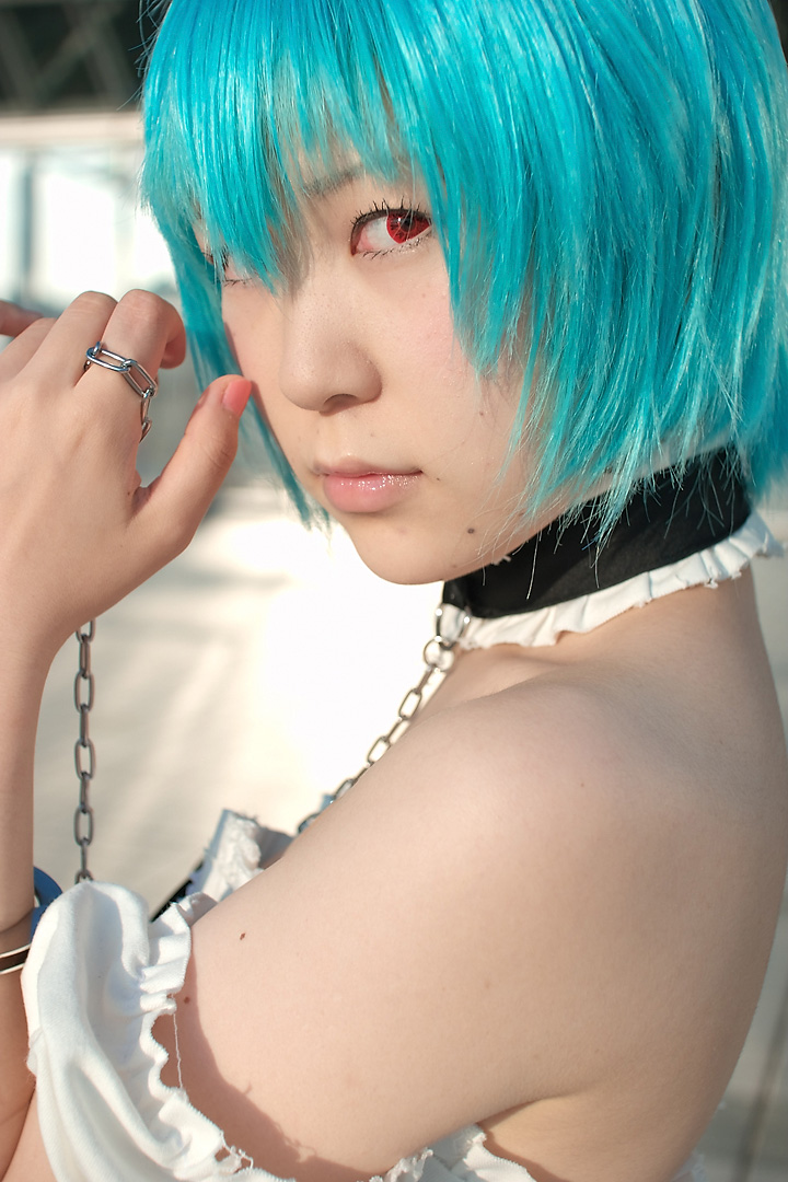 kabi, ayanami rei, neon genesis evangelion, photo (medium), blue hair, cosplay, frills, lace, leash, red eyes