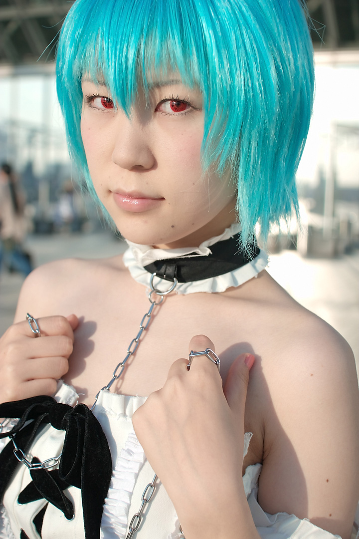 kabi, ayanami rei, neon genesis evangelion, photo (medium), blue hair, cosplay, frills, lace, leash, red eyes