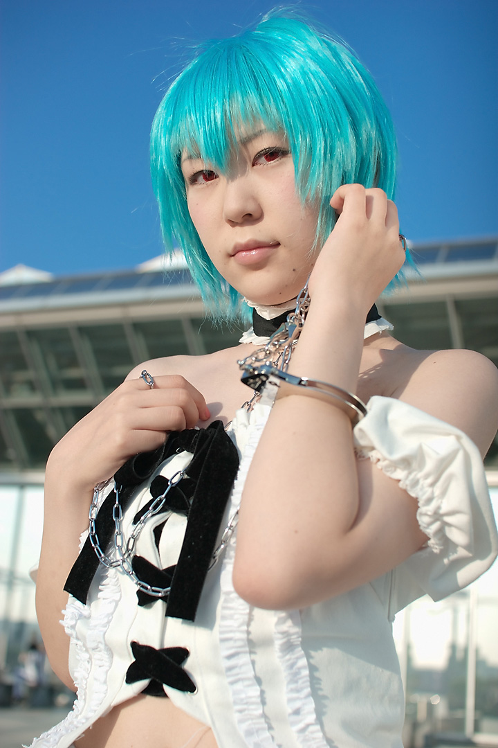 kabi, ayanami rei, neon genesis evangelion, photo (medium), blue hair, cosplay, frills, lace, leash, red eyes